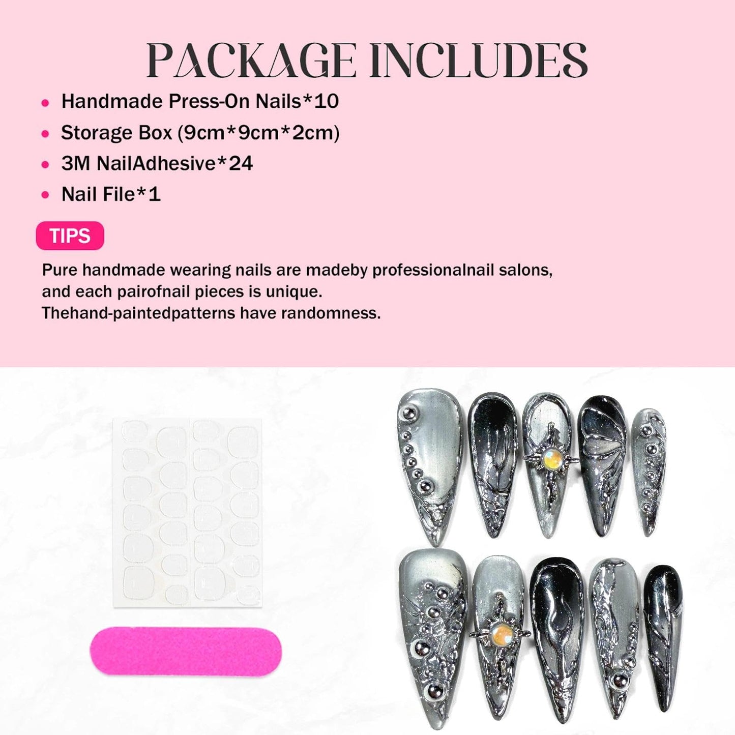 Handmade 3D Metallic Futuristic Stiletto Press On Nails, Silver Black Mechanic Artisan Nails Set, Reusable Glossy Press-ons with Tool Kit (XS)