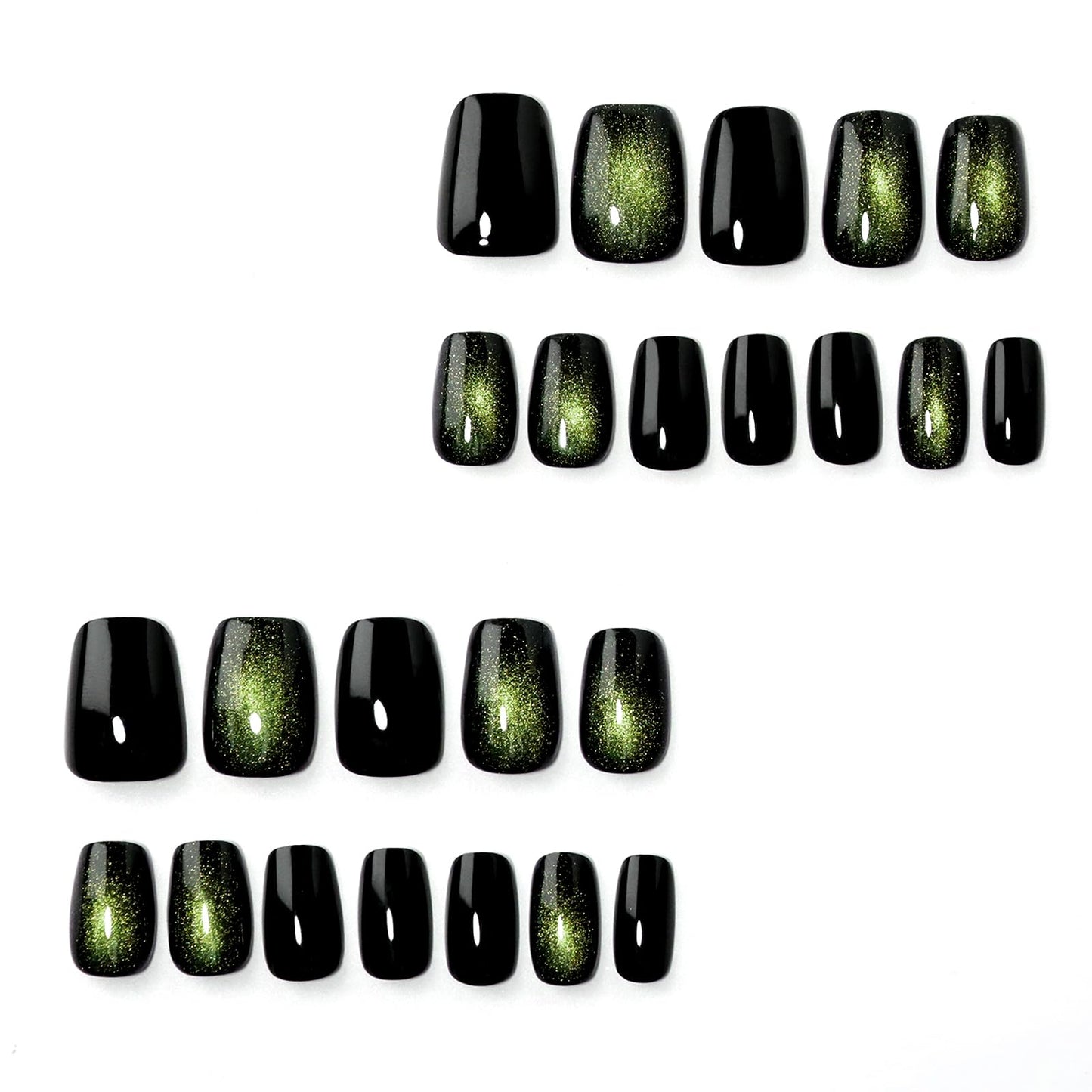 HOSAILY Green Cat Eye Press on Nails Short Square, Green Galaxy Fake Nails with Magnetic Shimmer Design, 24pcs Glossy Handmade Gel Glue on Nails Coffin, Salon Quality Stick on Nail Press ons for Women