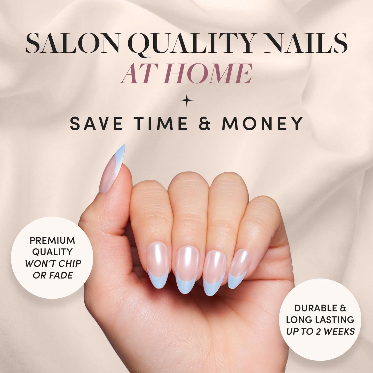 Glamnetic Press-On Nails & Adhesive Nail Tabs - Blueberry Icing | Short Almond Baby Blue French Tips with a Glazed Finish | 15 Sizes - 30 Nail Kit with Adhesive Tabs