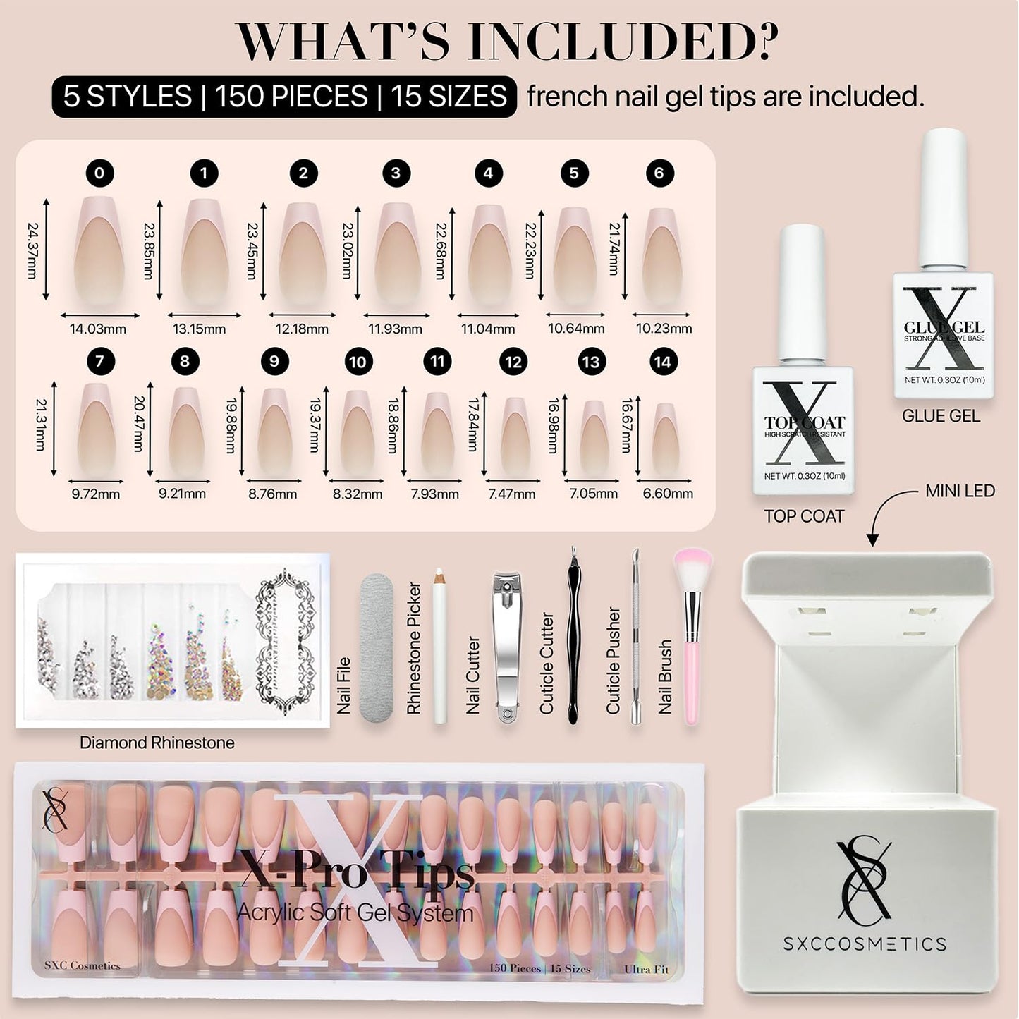 SXC Cosmetics French Tip Press On Nails - Skin Tone Nude and Color Series, Medium Coffin X-Pro Tips Starter Kit ST120KIT