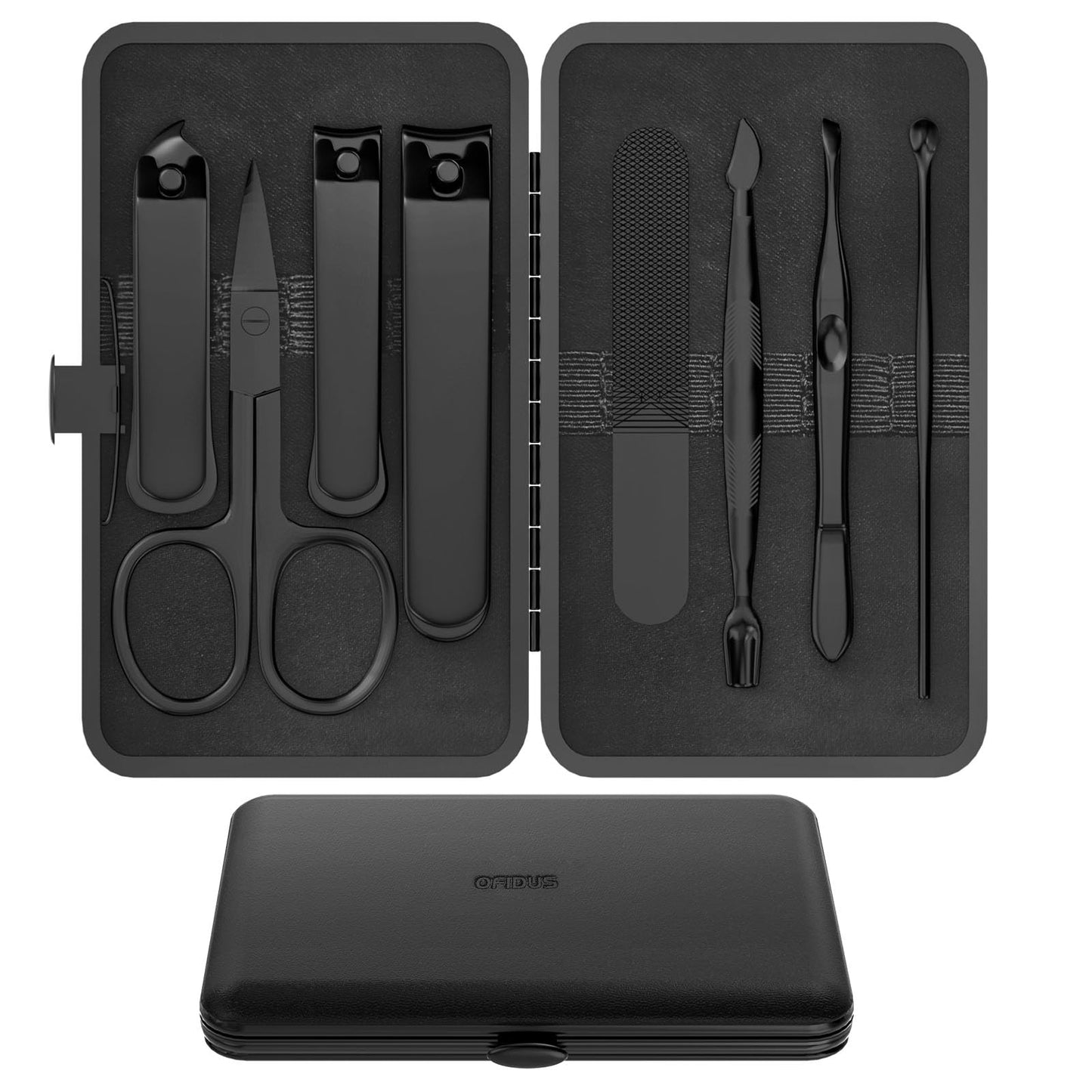 OFIDUS Precision 8 Pieces Men’s Nail Grooming Travel Kit, Stainless Steel Manicure Set with Fingernail & Toenail Clippers, Nail File, Slant Tip Tweezers, Cuticle Scissors, Cuticle Pusher, Travel Case