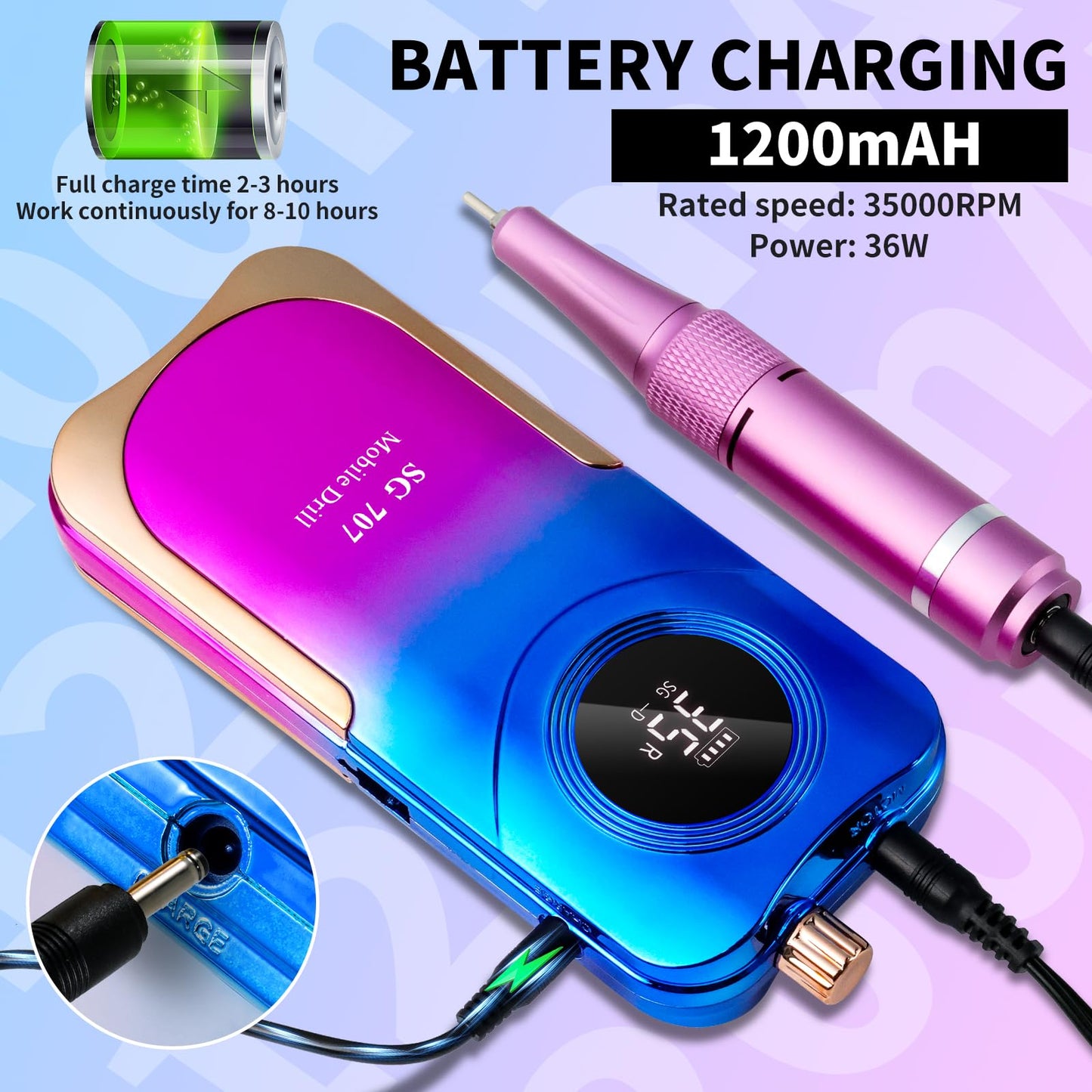 Moskany Professional Electric Nail Drill Kit 35000RPM with 14PCS Bits Purple Blue Portable Rechargeable Cordless File Machine for Acrylic Gel Powder Nails and Manicure Pedicure Toenail Tool Salon Set