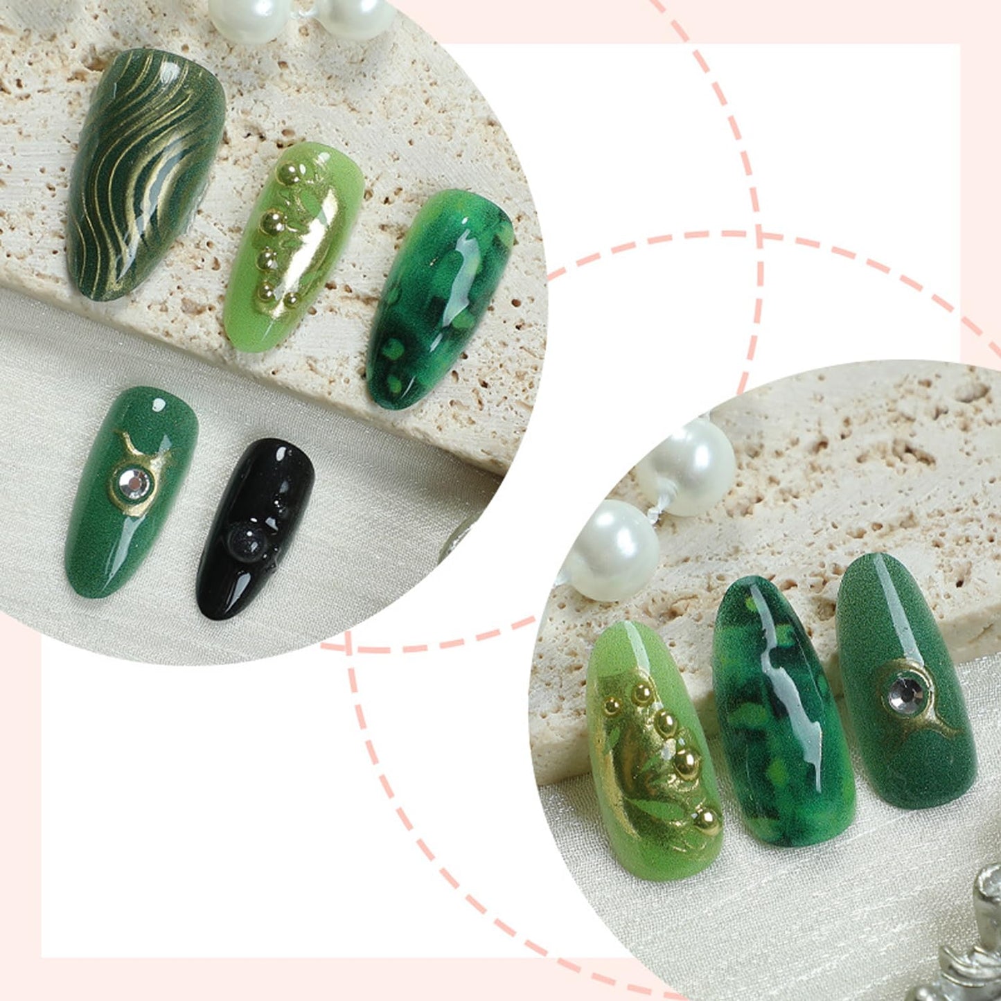 30Pcs Green Press On Nails Medium Almond Fake Nails with Gold Butterfly Star Rhinestone Design Marble Green Stick on Nails Handmade Full Cover Acrylic Nails for Women Daily Wear Manicure