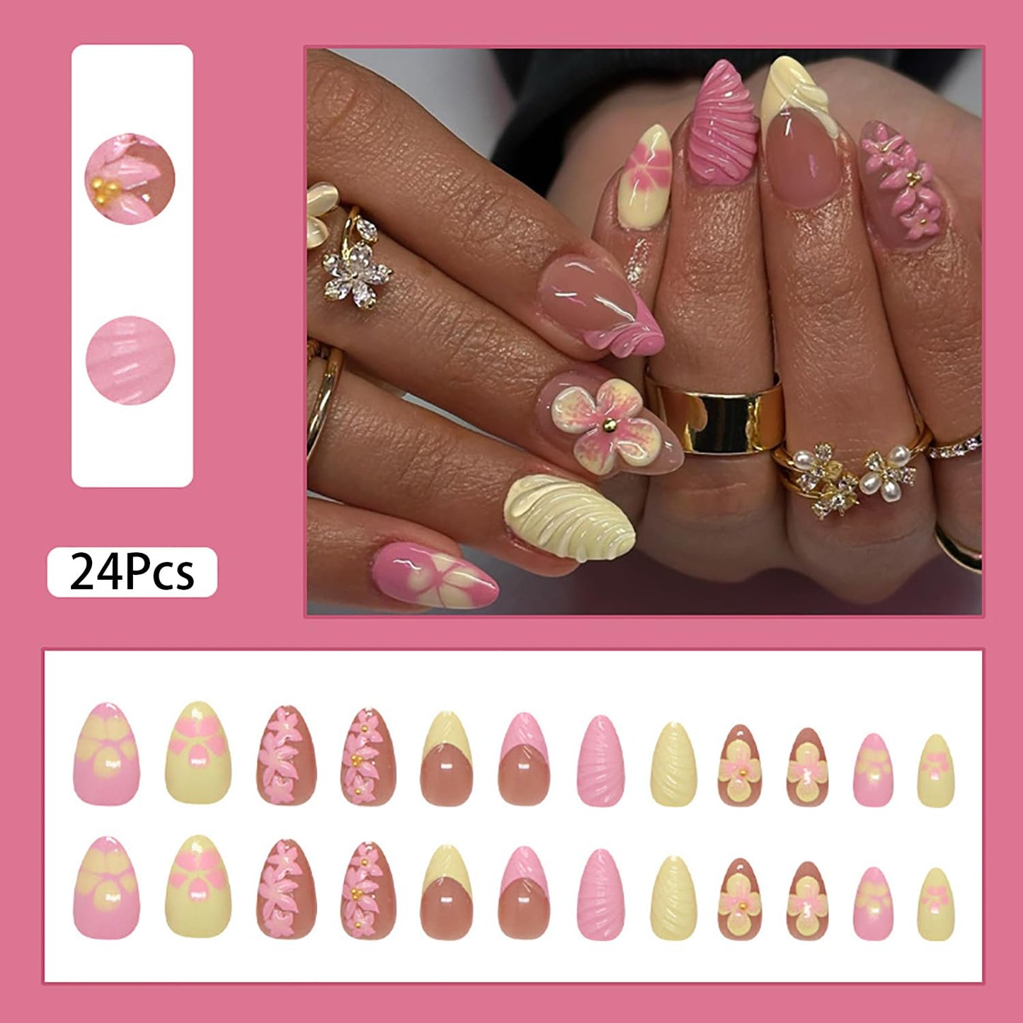 24Pcs Pink Yellow Almond Press on Nails Medium Fake Nails French Tip False Nails with Flower & Rhinestone Design Acrylic Nails Press ons Spring Summer Flower Nail Art Cute Stick on Nails for Women
