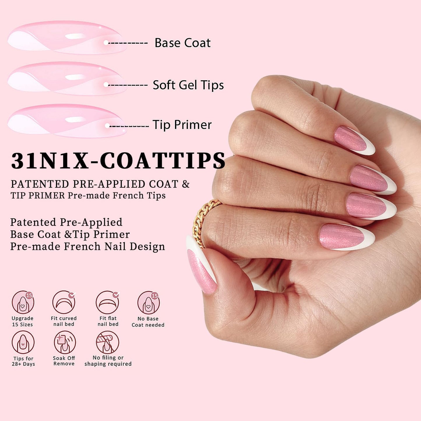 Dsixnails Short Pink Glitter Base Soft Gel Nail Tips, 150Pcs Almond French Tip Press On Nails, Pre-Lasting Acrylic Fake Nails, Soak Off Full Cover Nails Extension for Women Girl 15Sizes