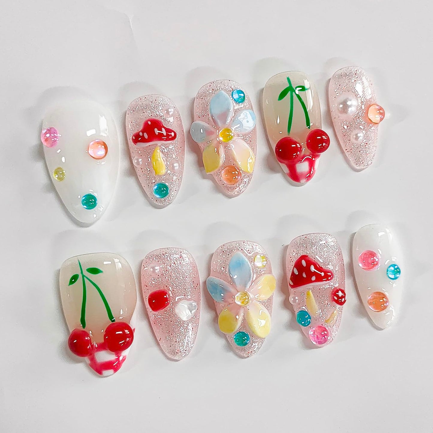 Handmade Press on Nails Almond Medium 3D Floral French Tip Thick Acrylic Fake Nails False Nails with Flower Mushroom Glitter Cherry Designs Cute Sturdy Nail Kawaii Art Press on Nails 10Pcs(S)