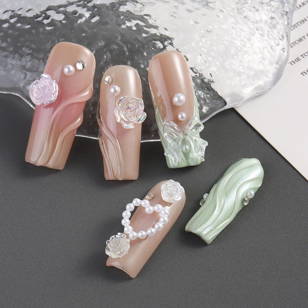 3D Multi Shapes Nail Charms, Aurora Rose Camellia Butterfly Acrylic Flower Clear Bow-Knot White Heart Flatback Pearls Nail Decoration Jewelry DIY Crafts Y2K Nail Art Accessories