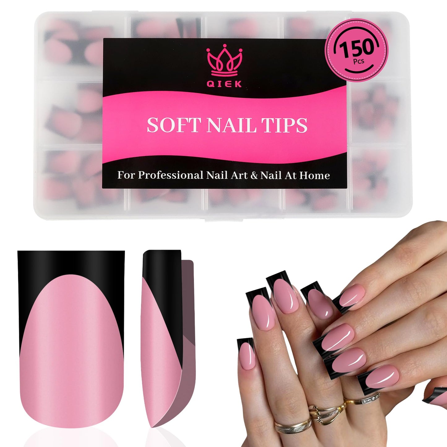 Qiek French Tips Press On Nails - 150Pcs Black Short Square Soft Gel Nail Tips Pre-Designed, 15 Sizes Fake Nails for Nail Art DIY, False Nails Salon Quality Manicure at Home Gifts For Women