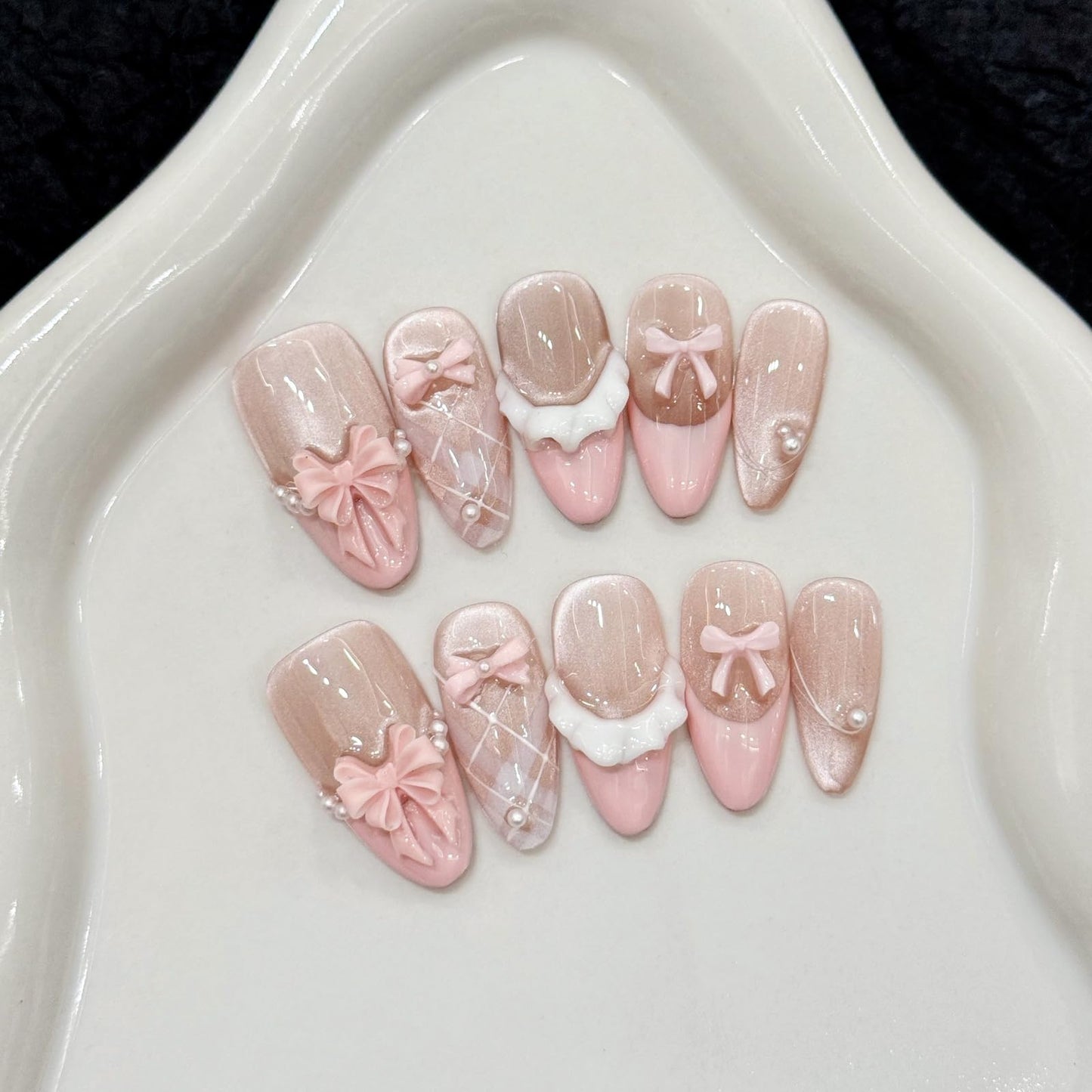 10Pcs Pink Almond Press on Nails Handmade Fake Nails Cute French Tip False Nail with 3D Bow Design Handmade Acrylic Nails Press ons Glitter Full Cover Nail Medium Reusable Stick on Nails for Women (S)