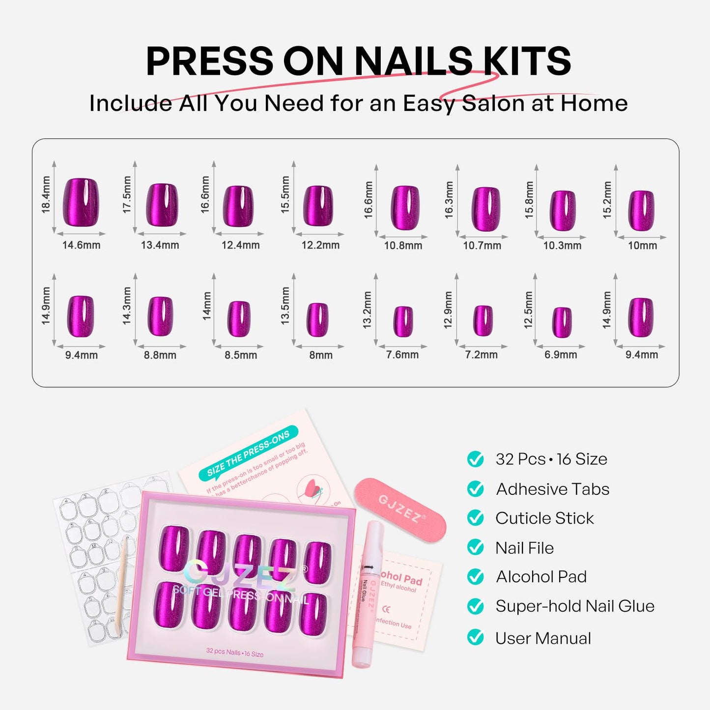 Royal Purple Cat Eye Press on Nails Short Square - GJZEZ Soft Gel Magenta Pink Violet Plum Cateye Fake Nail Press Ons Gift for Women, Salon Quality Reusable Nails in 16 Sizes & 32Pcs, Electric Fuchsia