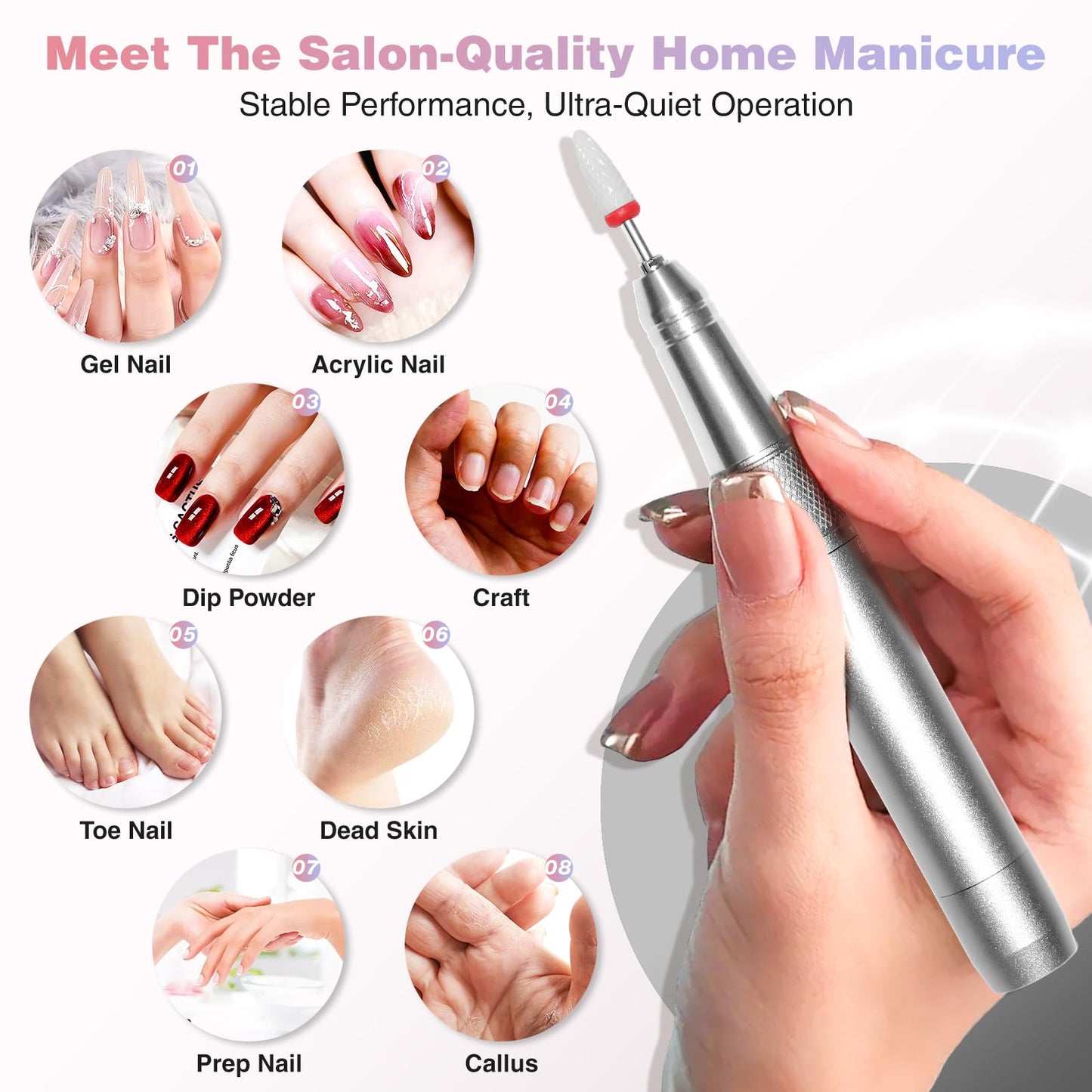 Electric Nail Drill Machine Professional, 40000 RPM Cordless Nail File with Silent Brushless Motor, Portable Rechargeable Nail Drill and Bits for Acrylic Gel Nails Polishing Removing