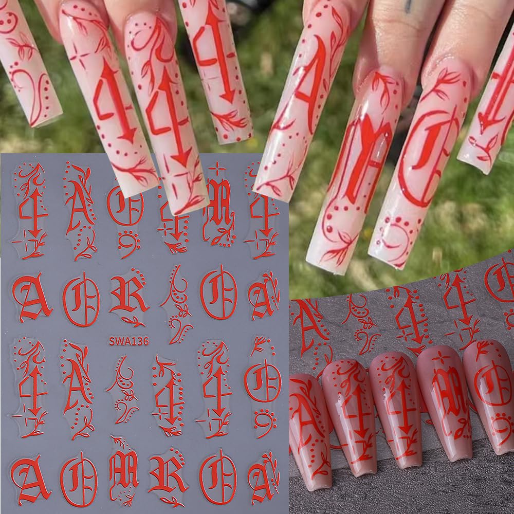 English Letter Nail Stickers Decals 14 Sheets 3D Self-Adhesive Nail Art Stickers Alphabet Uppercase and Lowercase English Words Y2K Style Gothic Design Manicure Nail Accessories for Women