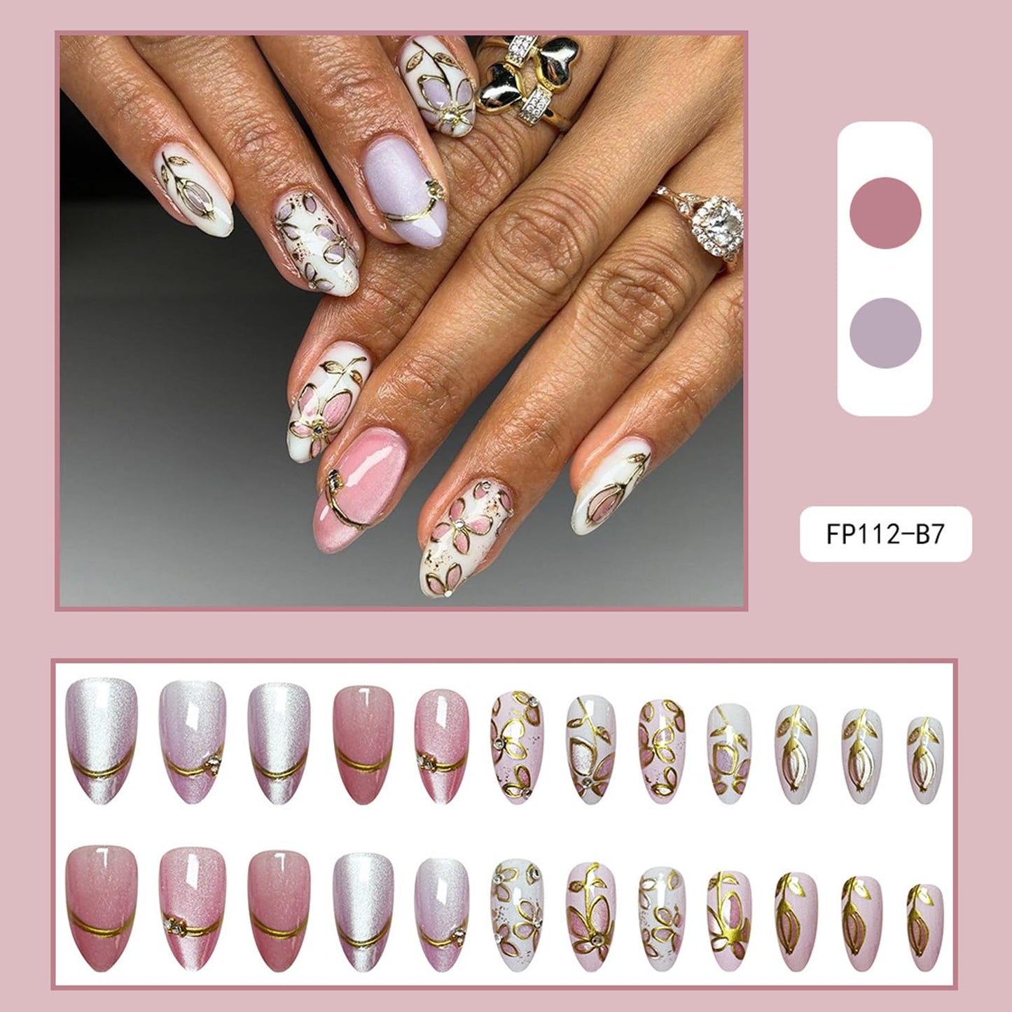24Pcs Cute Flower Press on Nails Short Almond Fake Nails 3D Pink Purple Floral False Nails with Rhinestone Charms Design Nail Gilded French Tip Artificial Nail Glitter Full Cover Nails for Women