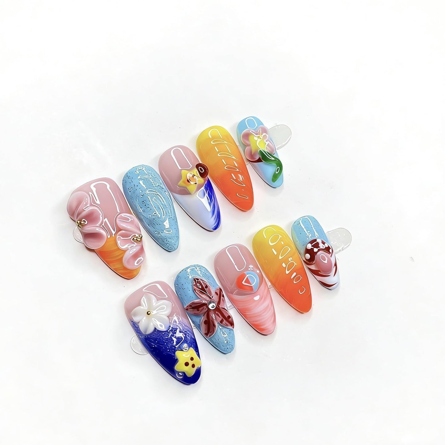 Vseegrs Summer Handmade Press on NailsAlmond Short Colorful 3D Flowers Artificial False Nails with Designs Embossed Starfish Acrylic Nail Press ons Cute Charms Press on Nail Kit for Women 10pcs (L)