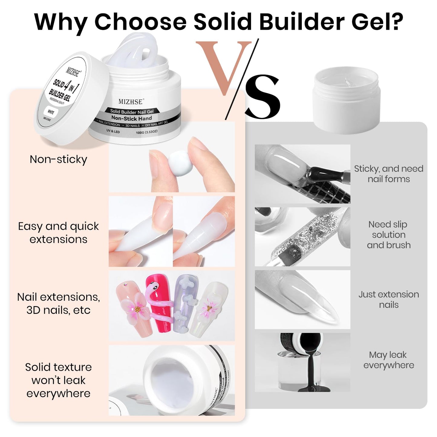 MIZHSE 100g Milky White Solid Builder Gel for Nails, Large Capacity Hard Builder Gels Kit for Nails Sculpting for 3D Art Gel U V LED with 36pcs Dual Form, for Nail Salon Home DIY