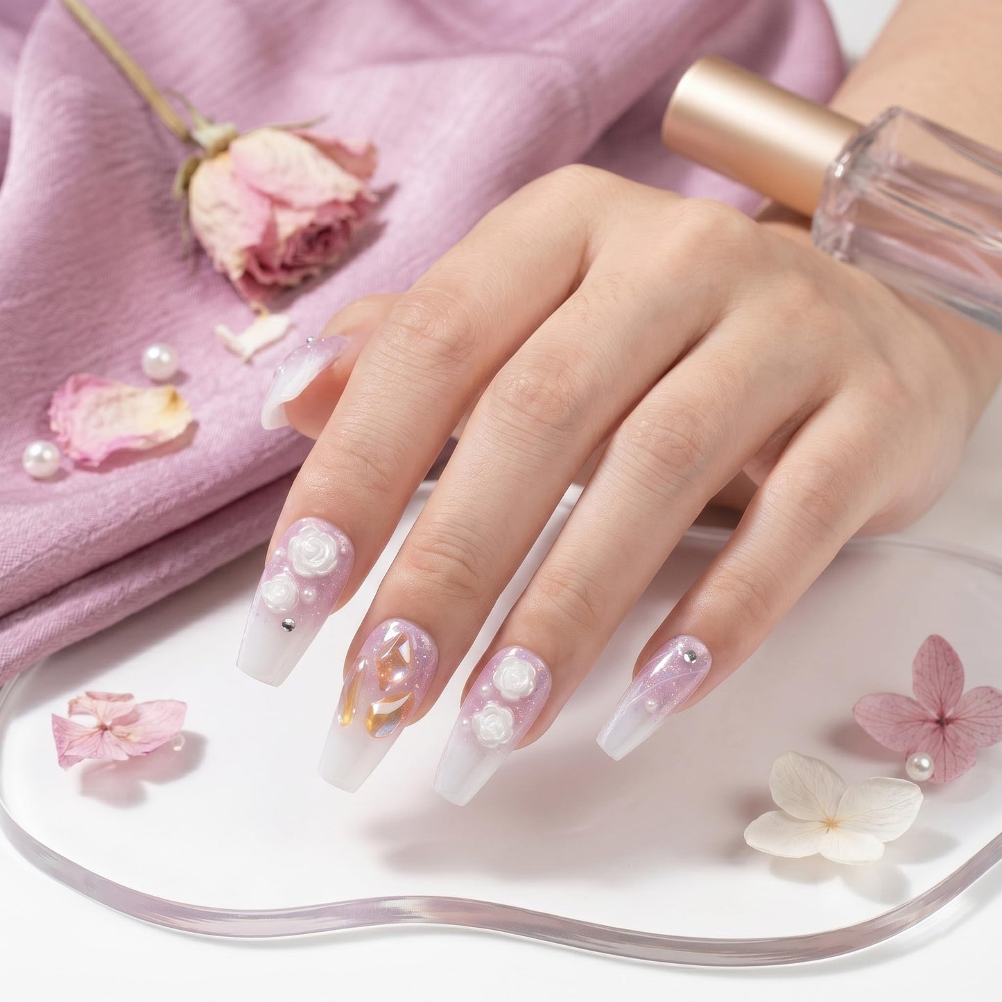 Sun&Beam Nails Handmade Press On Nail Medium Long Coffin Ballerina Purple Flower Fake Tip 3D Design Art Charms Cute with Storage Box 10 Pcs (#004 M)