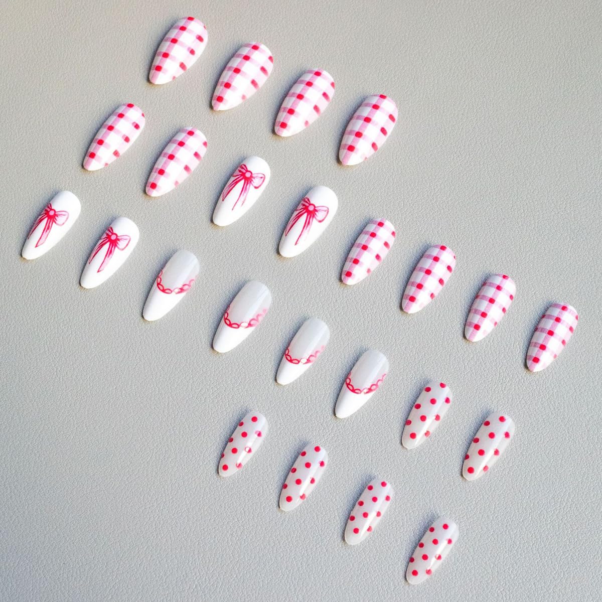 Pink Press on Nails - Medium Almond Fake Nails with Bow | Polka Dot | Checkered Designs False Nails White French Tip Glue on Nails Reusable Full Cover Stick on Nails for Women Manicure 24Pcs
