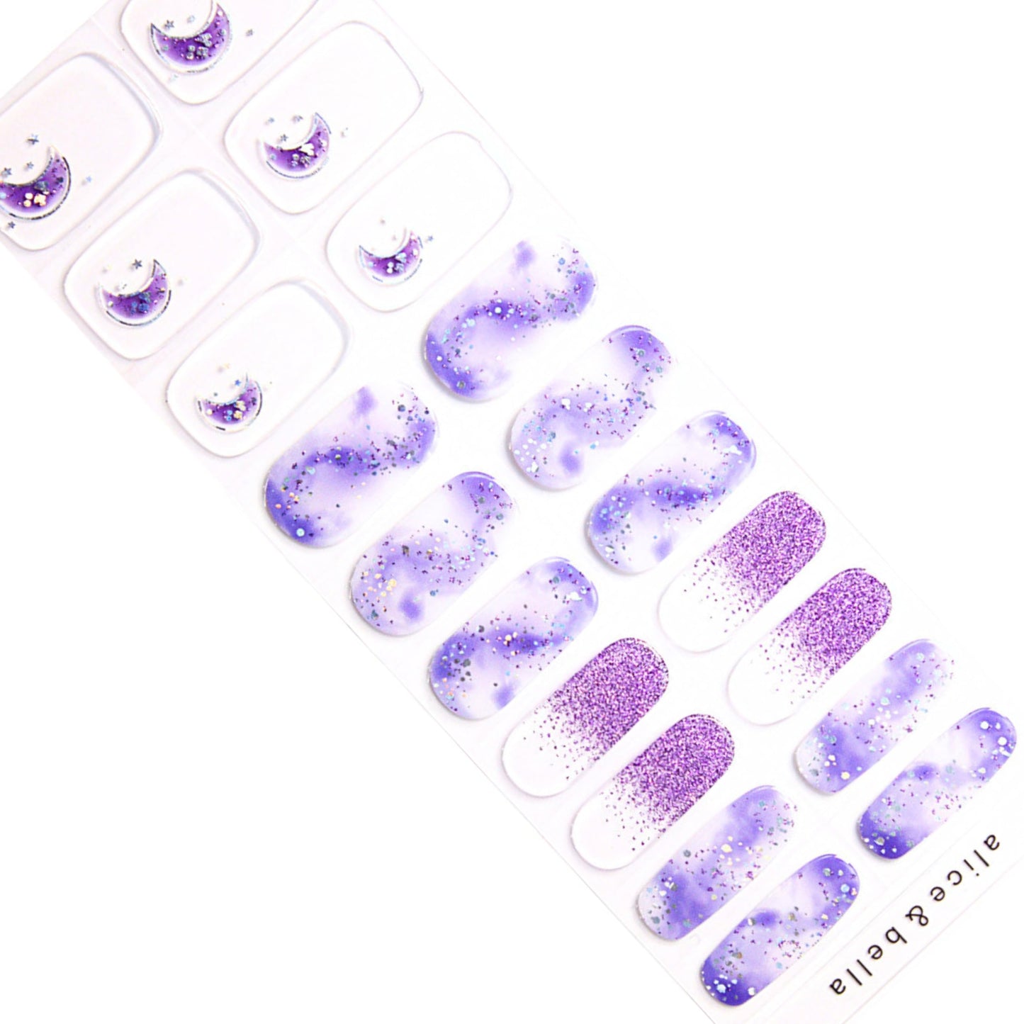 ALICE & BELLA Semi Cured Gel Nail Strips-20 PCS Purple-Blue Holographic Star-Studded Nail Strengthening Gel Stickers, Use with UV Light Lamp, Salon Quality Manicure Wraps (Misty Dream)