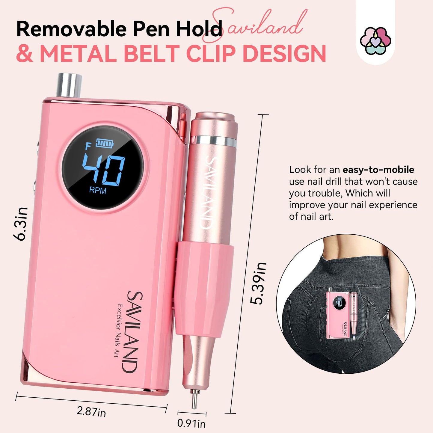 SAVILAND Electric Nail Drill Professional: 40000RPM Pink Rechargeable Portable Electric Nail Filer with 6000mAh Battery, for Shaping, Removing & Polishing Acrylic Nails Home Salon Manicure Gift