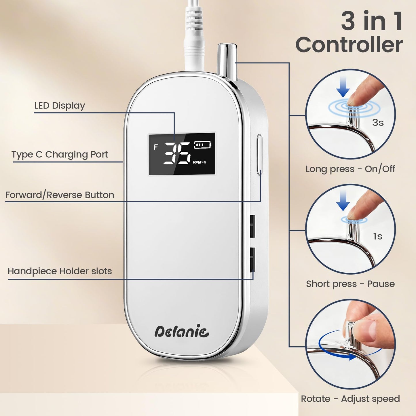 Delanie Electric Nail Drill 35000 RPM, Portable E File for Nails Professional with Belt Clip, Rechargeable Electric Nail File for Acrylic and Gel Nails, Efile Nail Machine with bits kit for Manicure
