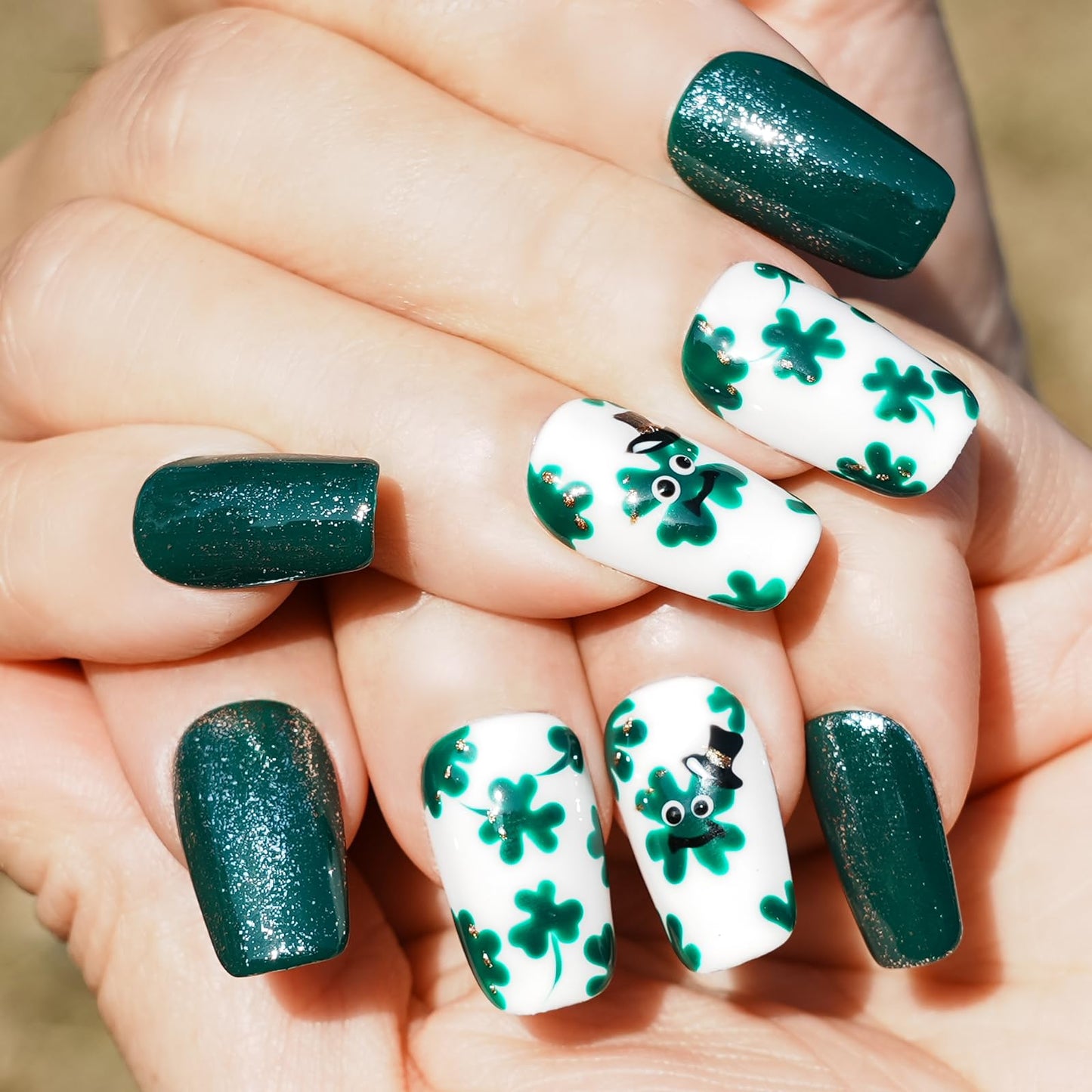 Tesytto Medium Coffin Press On Nails, Green Glitter & White Fake Nails with 3D Green Hat & Clover Print, Handmade Acrylic Nails Glossy Full Cover False Nails (Size M)