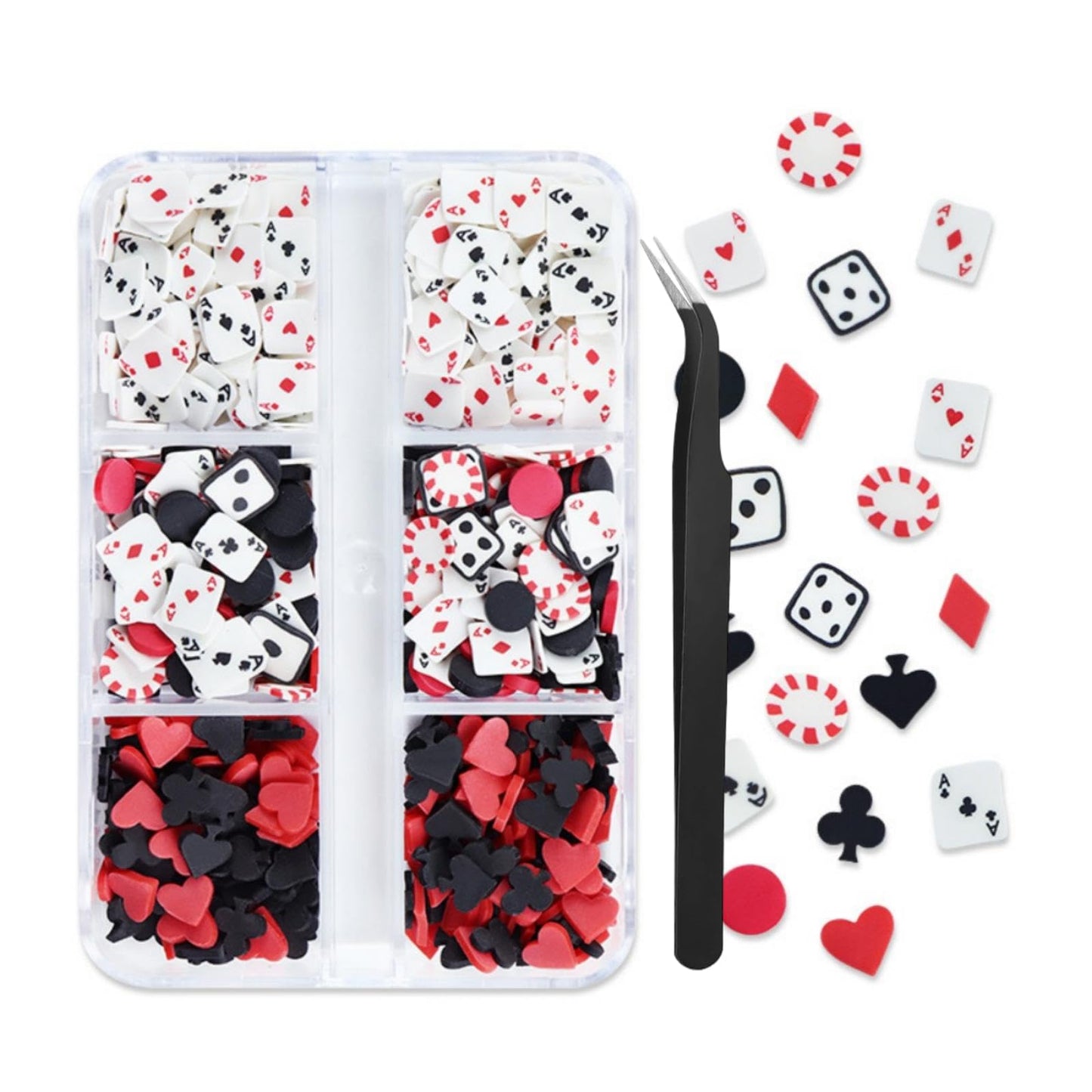 1 Box Holographic Poker Nail Charms Red Black White Peach Hearts Nail Sequins 3D Dice Nail Flakes Sparkly Powder Flakes Shiny Nail Glitter Playing Card Nail Sequins Glitter for Nails Art 6 Grids