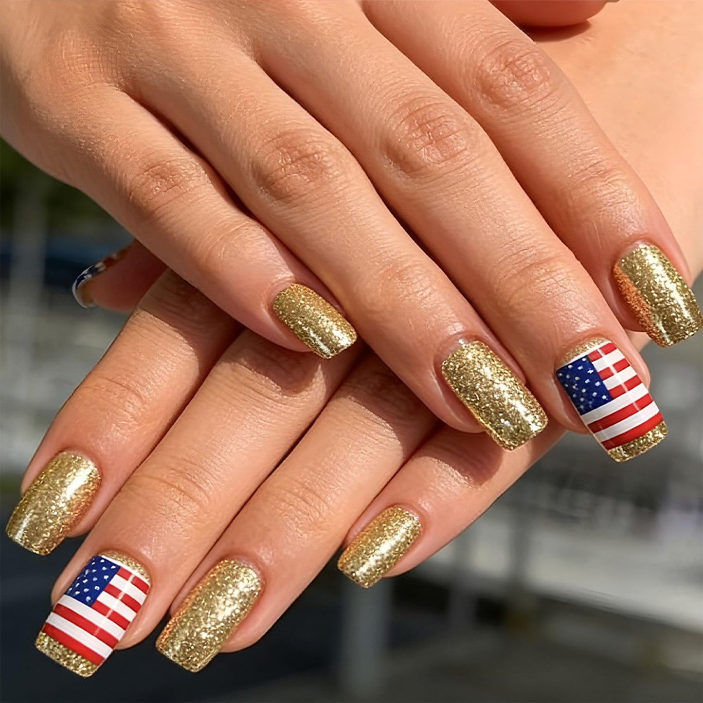 4th of July Press on Nails Medium Square Fake Nails National Flag Red Lines White Star Gold Glitter Designs Glossy Nails Press ons Fourth of July Acrylic Artificial Stick on Nails for Women 24Pcs