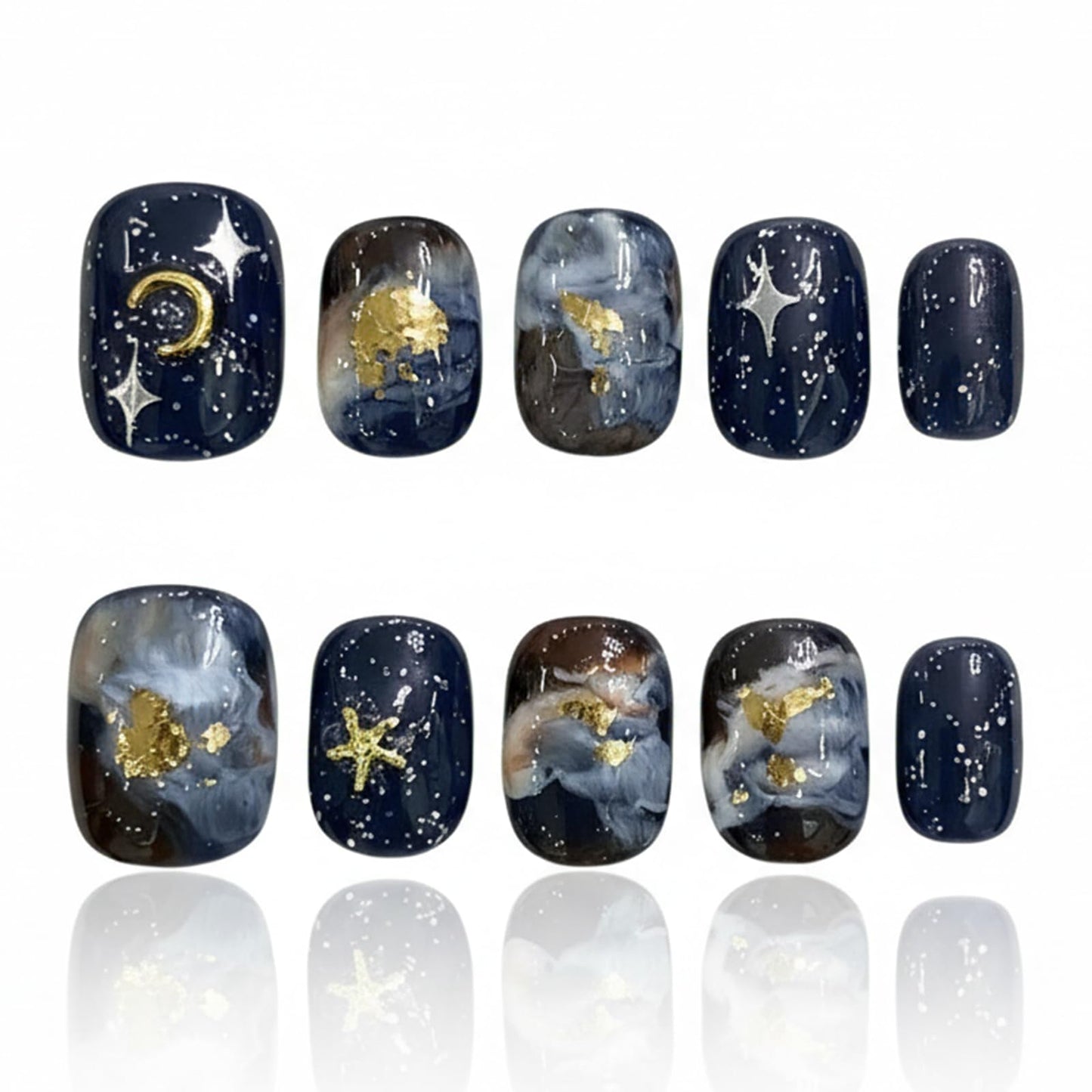 Handmade Press On Nails Reusable Stick On Fake Nails Blue oil Painting Style Stars and Moon Luxury Elegant Sexy Style For Women Gift With Nail Glue L