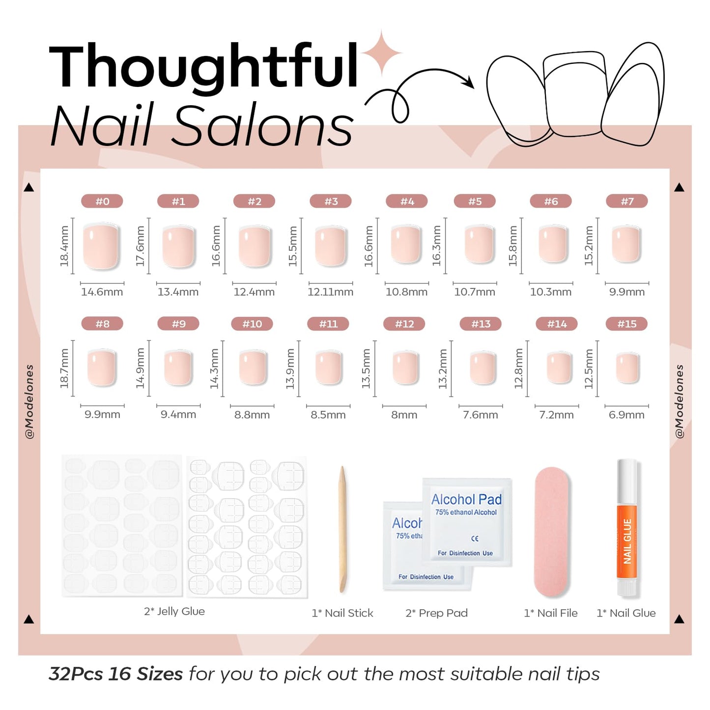 Modelones Extra Short Press on Nails, French Tips Squoval Fake Nails, Reusable Nail Kit with Nail Glue Adhesive Tabs Mini Nail File, Nails Press Ons 32Pcs 16 Sizes, White, Spring Women Girl Gift