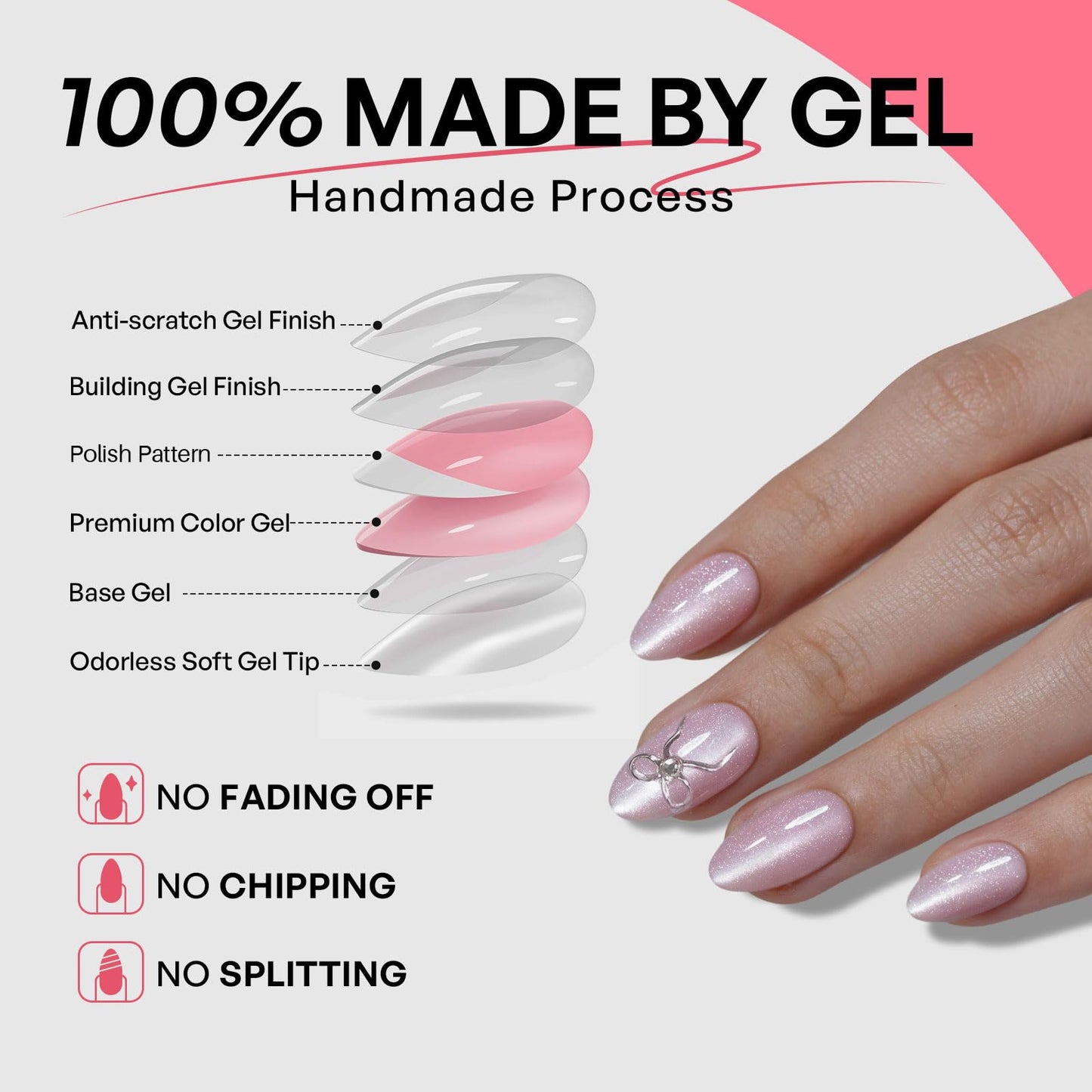 Pink Cat Eye Press on Nails Short - GJZEZ Soft Gel Pink Shimmer with Silver Bow Charm Coquette Almond Fake Nail Press ons Gifts for Women, Cute Glam Reusable Faux Nail in 16 Sizes 32 PCS, Velvet Bows