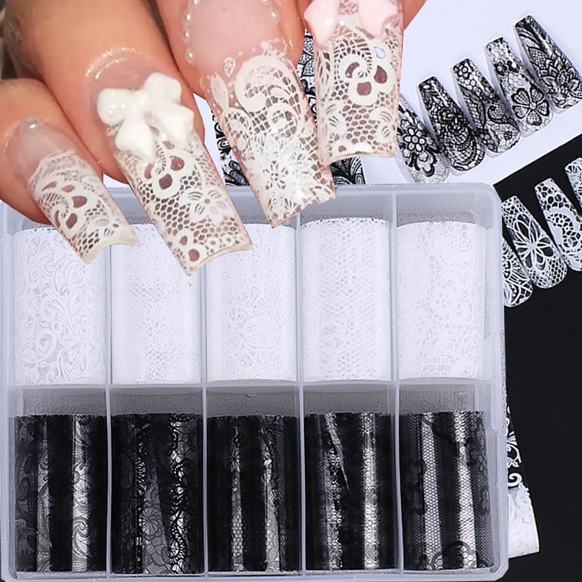Black White Lace Nail Art Foils Transfer Stickers 10 Rolls Y2K Lace Flower Nail Foil Adhesive Decals Designer Nail Art Supplies Starry Sky Paper Manicure Accessories for Women Acrylic Nails Decoration