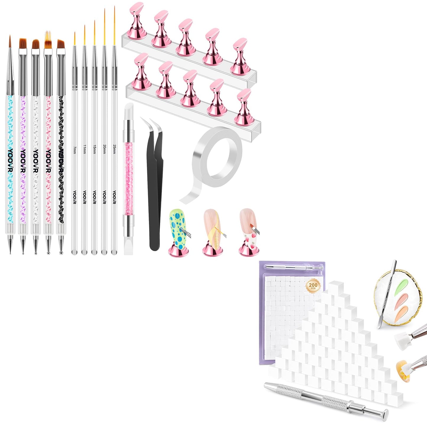 YOOVR Nail Art Tools Set, Nail Stand for Press on Holder for Painting Nails, Nail Art Brushes, 200 Pcs Nail Sponge and Nail Art Palette for Ombre and Gradient Painting Gel Nail Polish