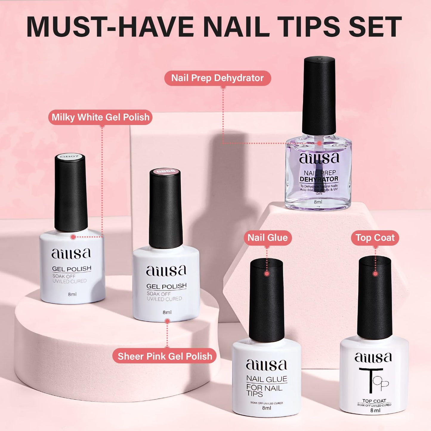 AILLSA Gel Nail Kit Short Coffin Nail Tips 240pcs with 2 In 1 Nail Glue Base Coat and Nail Dehydrator, False Nail Tips Kit with U V Light Top Coat for Beginners DIY Home Salon
