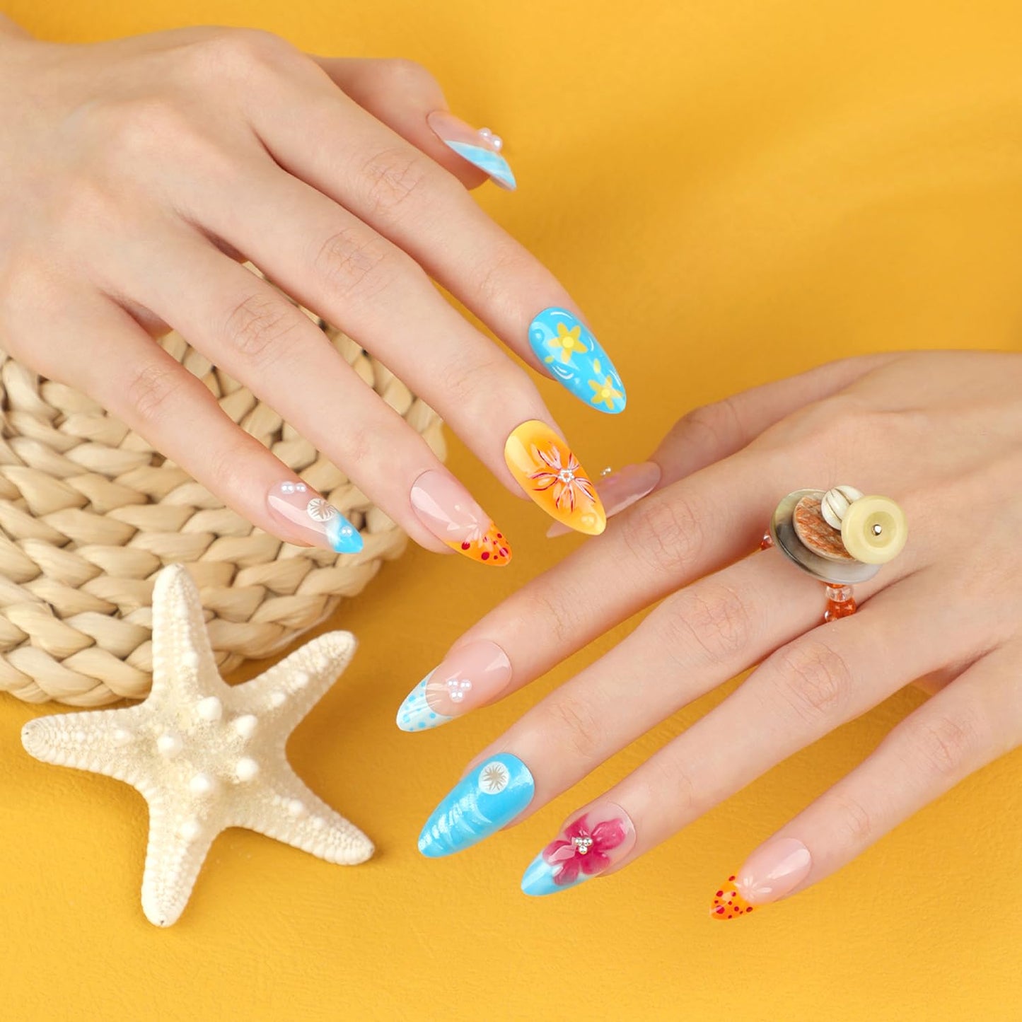 BSBTBZ Tropical Flowers Press on Nails 24Pcs Short Almond Acrylic ABS False Nails with Bead Pearl Charms Design Glue on Nails Summer Floral French Tip Style