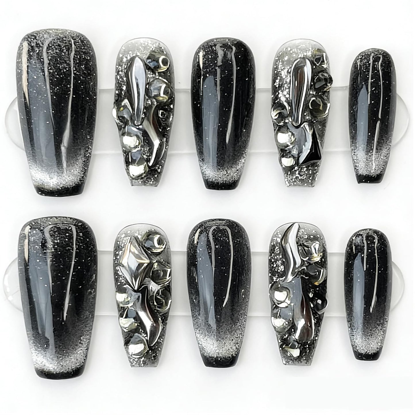 Handmade Press on Nails Square Black and White Cat’s Eye Decoration with a Starry Sky Pattern and Gemstones Acrylic Nails Press on Handmade Nails Luxury Press on Nails(S)