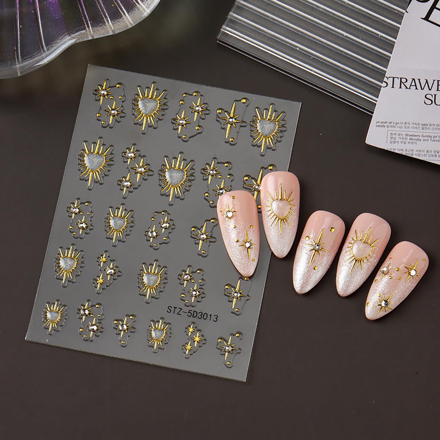 4 Sheets Gold Heart Star Nail Art Stickers 5D Relief Self -Adhesive Golden Stars with Love Heart Rhinestones Nail Decals Holographic Gold Nail Stickers Decoration for Women DIY Manicure Supplies