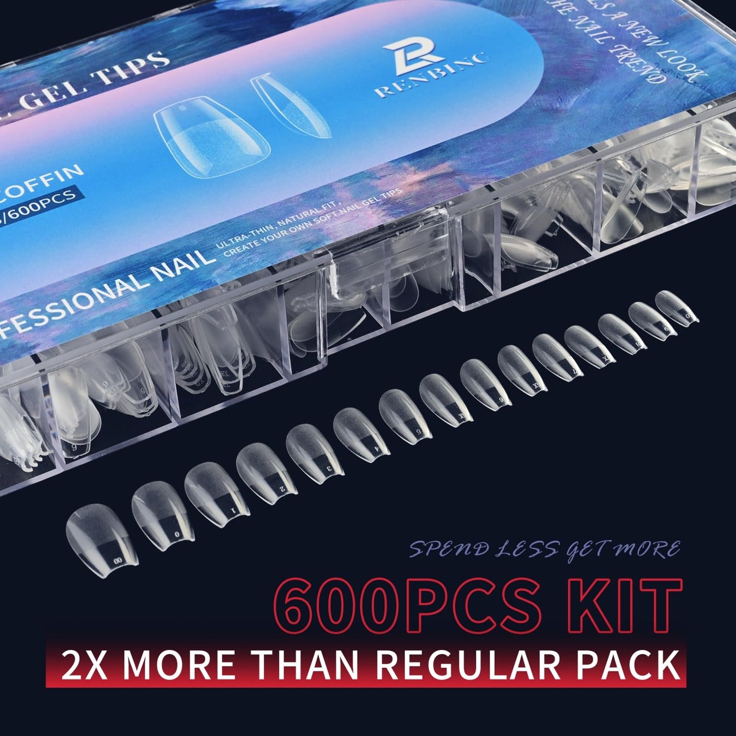 RENBING Gel Nail Tips Short Coffin,600pcs Fake Nails,15 Sizes Acrylic Nail Tips,Half Matte Press on Nail Tips,Full Cover Clear False Nails Gifts for Women Create Salon Nail Art at Home