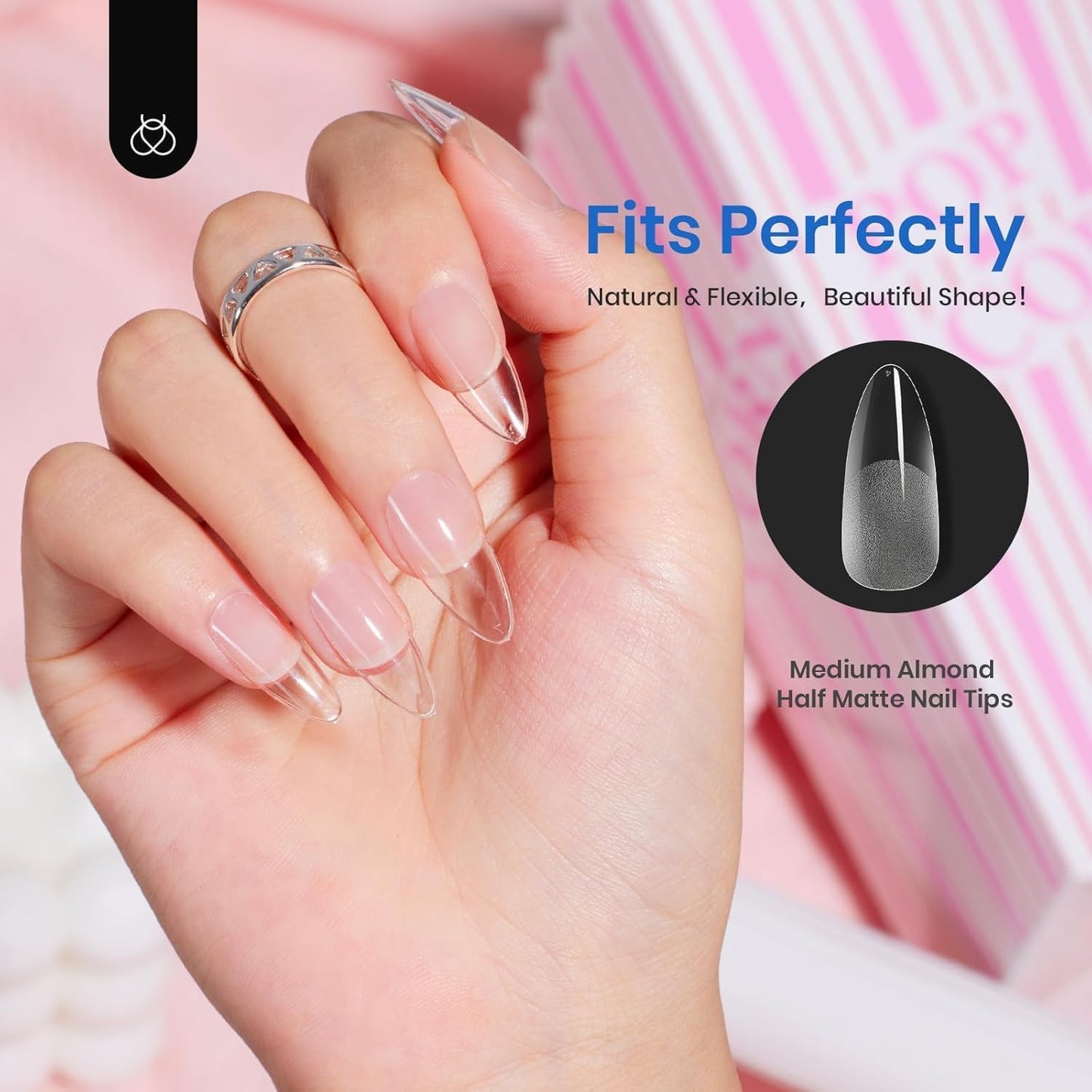 Beetles 12 Sizes Gel Nail Tips 504Pcs Pre Filed Half Matte Medium Almond Full Cover Etch Nail Tips False Fake Clear Acrylic Press on Nails for DIY Nail Extension and Salon Use