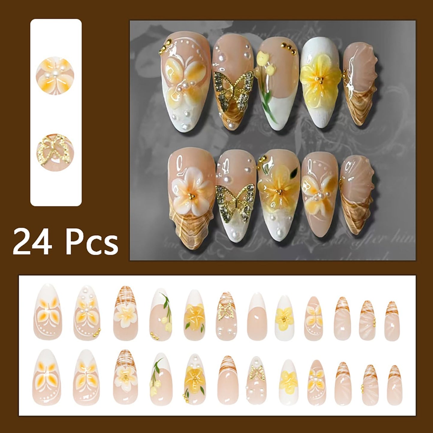 24Pcs Spring Press on Nails Medium Almond Fake Nails with Pearl Butterfly Rhinestones Designs 3D Flower False Nails Yellow Butterflies Acrylic Nail French Tip Full Cover Glue on Nails for Women