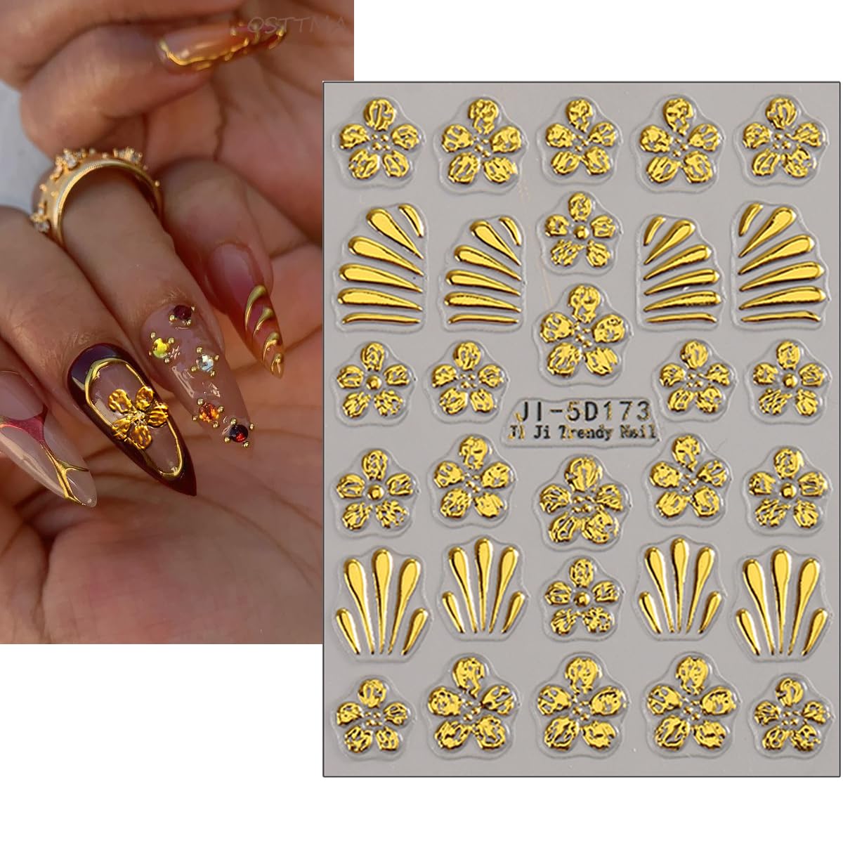 Summer Nail Stickers for Nail Art 5D Self-Adhesive Nail Decals Gold Starfish Sea Turtle Palm Sun Design Flower Nail Art Supplies for Women DIY Summer Beach Manicure Tip Decoration, 2Pcs