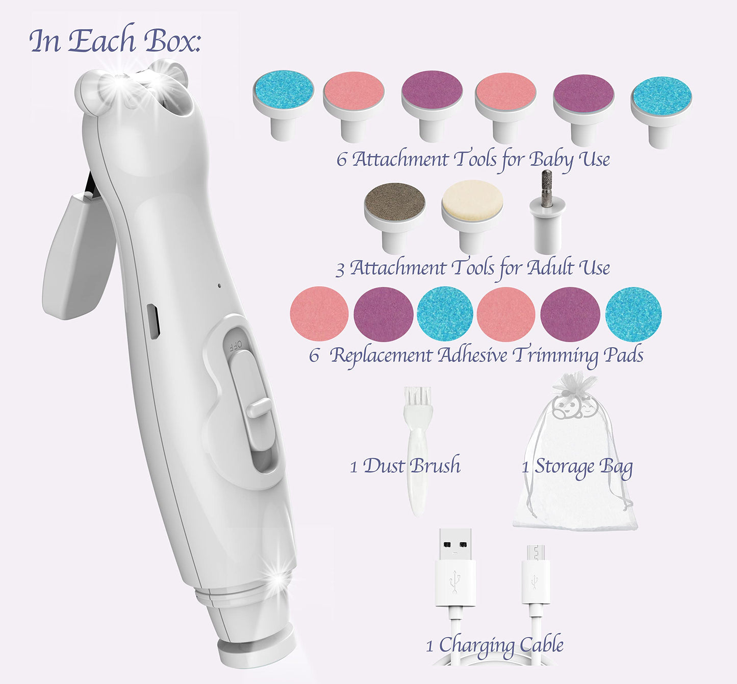 Royal Angels Rechargeable Dual Sided 20 in 1 Baby Nail Trimmer & Clipper, 15 Filing Pads, Whisper Quiet Electric File with LED Lights for Newborns & Toddlers, Safe Manicure Set for Families (Snow)