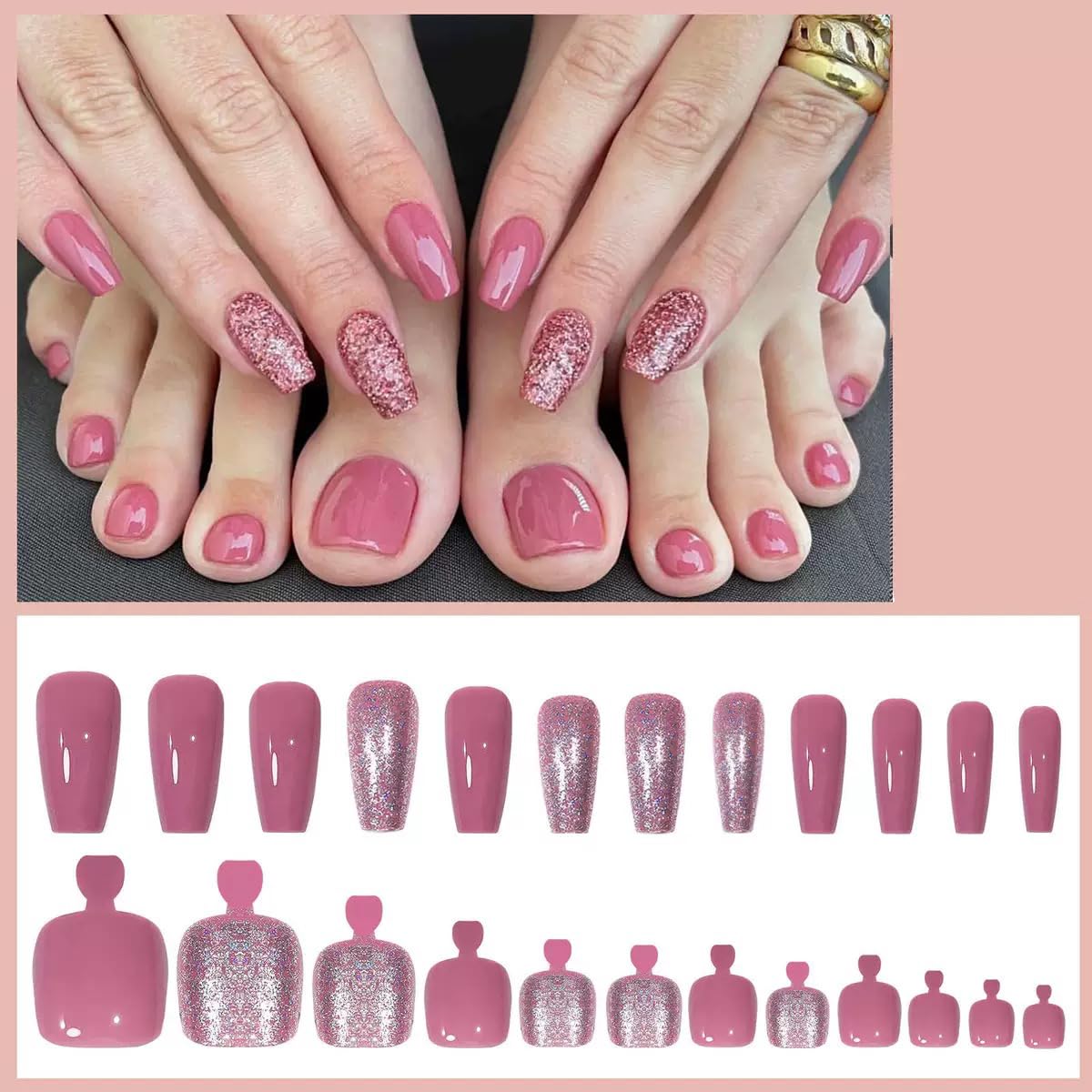 CTTHNBD Pink Press on Nails & Square Press on Toenails Set, Medium Coffin Fake Nails with Glitter Design - for Women 48 Pcs