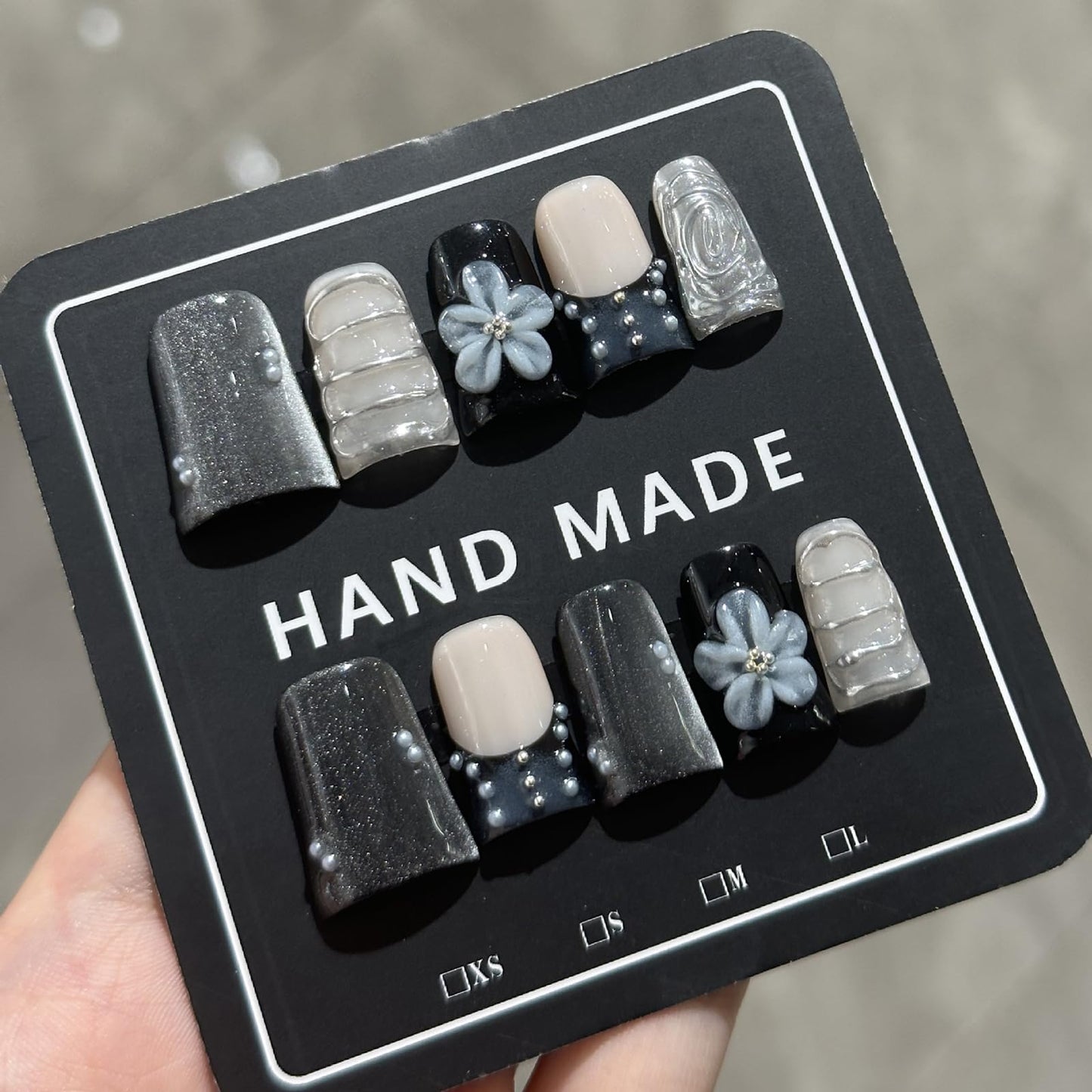 French Tip Press on Nails Handmade Short Duck 3D Flower Thick Acrylic Nails Black Sparkly False Nails with Pearls Silver Chrome Powder Designs Glossy Fake Nail Sturdy Art Press on Nail 10Pcs(M)