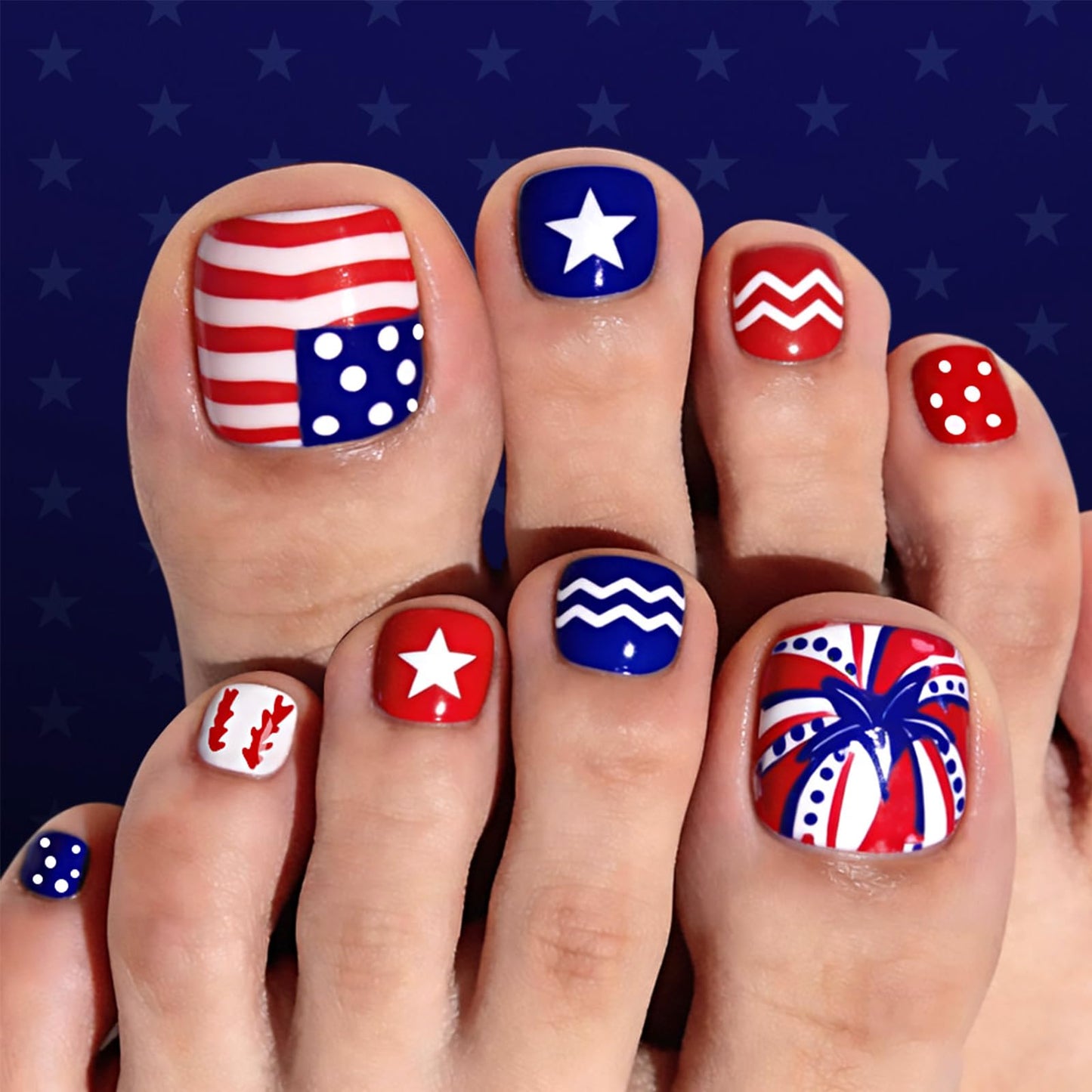 4th of July Press on Toenails Short Glossy Red White Blue Fake Toe Nails American Flag Star Stripe Toenail Press ons Independence Day Full Cover Acrylic False Toenails for Women 24Pcs