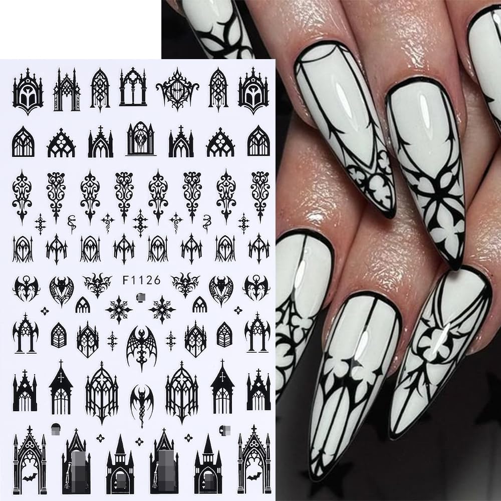 7 Sheets Black Gothic Nail Stickers for Nail Art, 3D Self-Adhesive Witchy Halloween Nail Decals, Nail Supplies Nail Art Designs Accessories for Women and Girls Manicure DIY Decoration