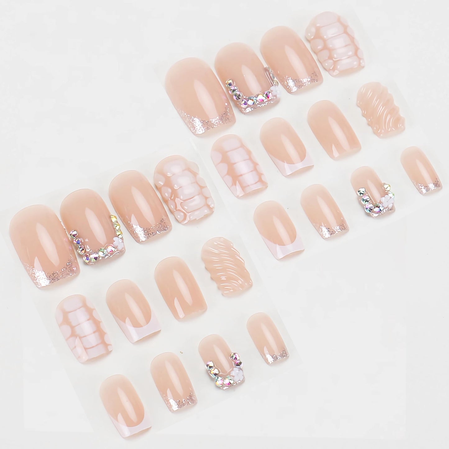 BABALAL Acrylic Press on Nails Short Square Fake Nails with Glue White French Tip 3D Texture Handmade Design False Nails Supplies with Charm Bling Press-ons 24Pcs Squoval for Women Girls