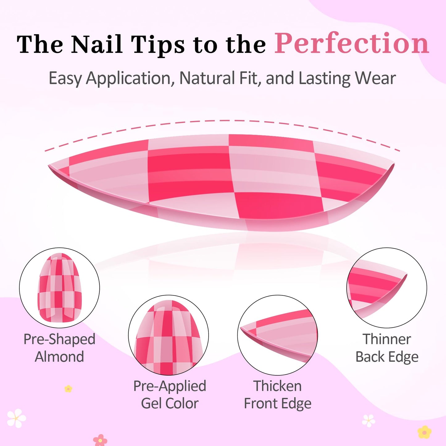 Qiek 16 Sizes Press on Nails Kit for Kids - 32 Pieces French Almond Fake Nail Tips for Girls 8-12 Years Old with Jelly Nail Adhesives & No-Lamp Nail Glue, Birthday Easter Gifts (Rose Pink Grid)