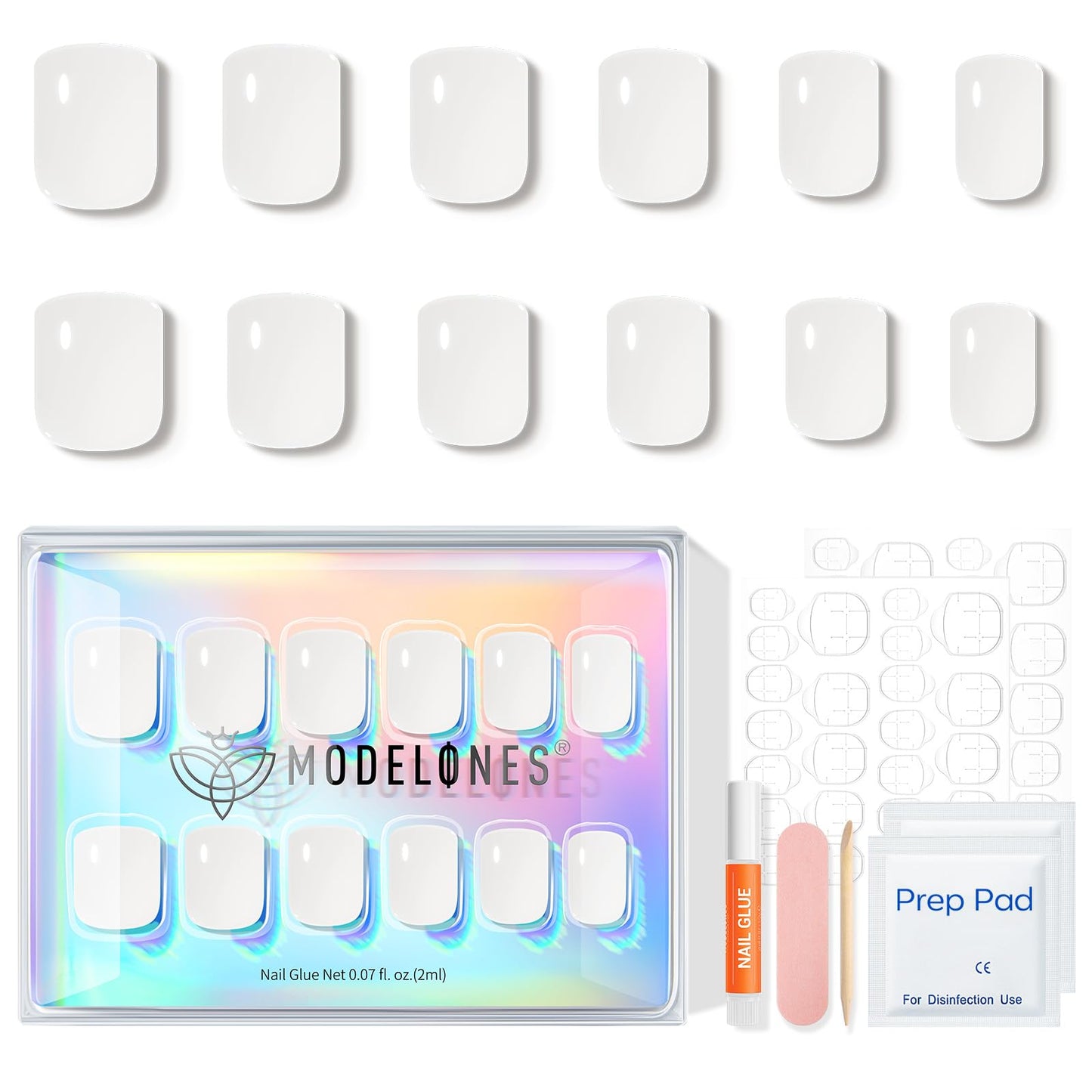 Modelones Extra Short Press on Nails,Sheer White Semi-Transparent Squoval Fake Nails, Reusable Nail Kit with Nail Glue Adhesive Tabs Mini Nail File, Nails Press Ons 32Pcs 16 Sizes, Women Girl Gift