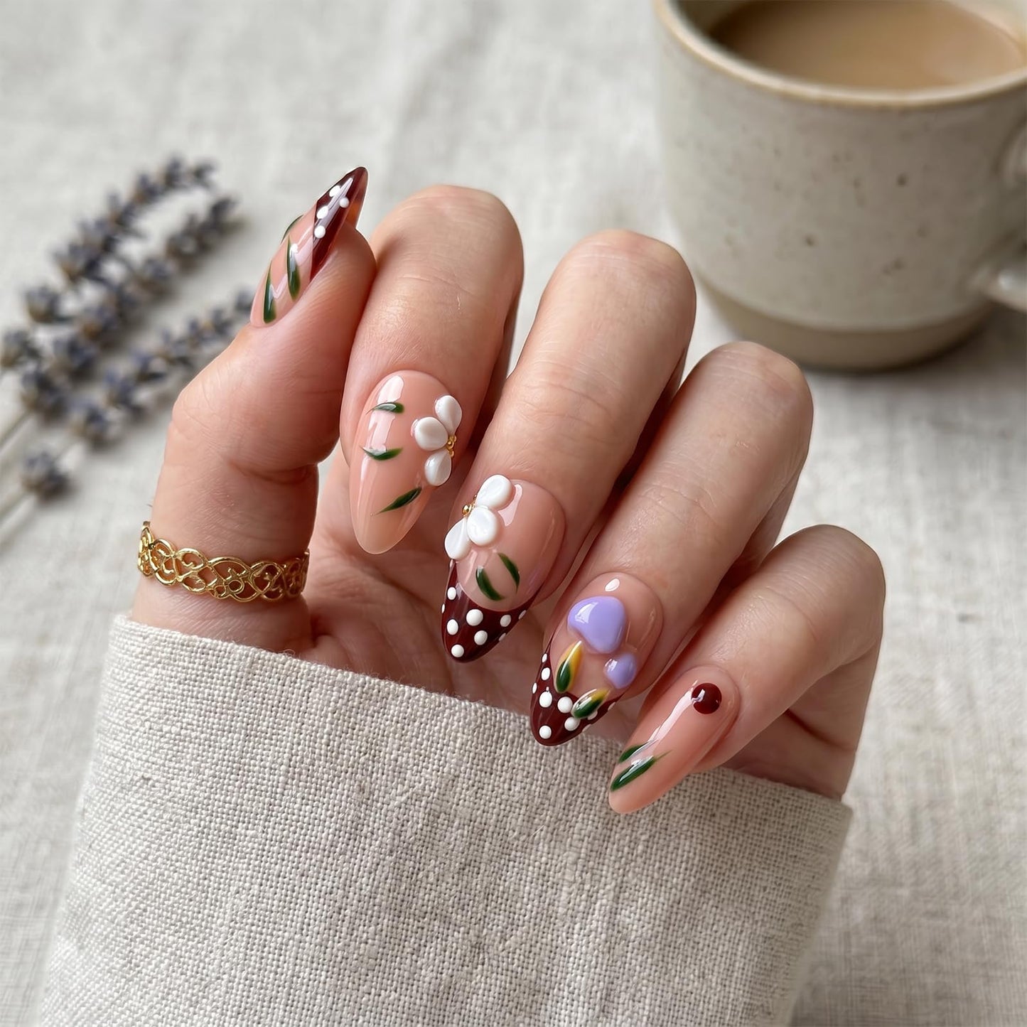 Vanpaga Red Handmade Press on Nails, Red Polka Dot Nail Tips with Mushroom& Floral Design, Almond Shape Acrylic Nails Kit, Reusable Professional Nail Art for Women & Girls(M)