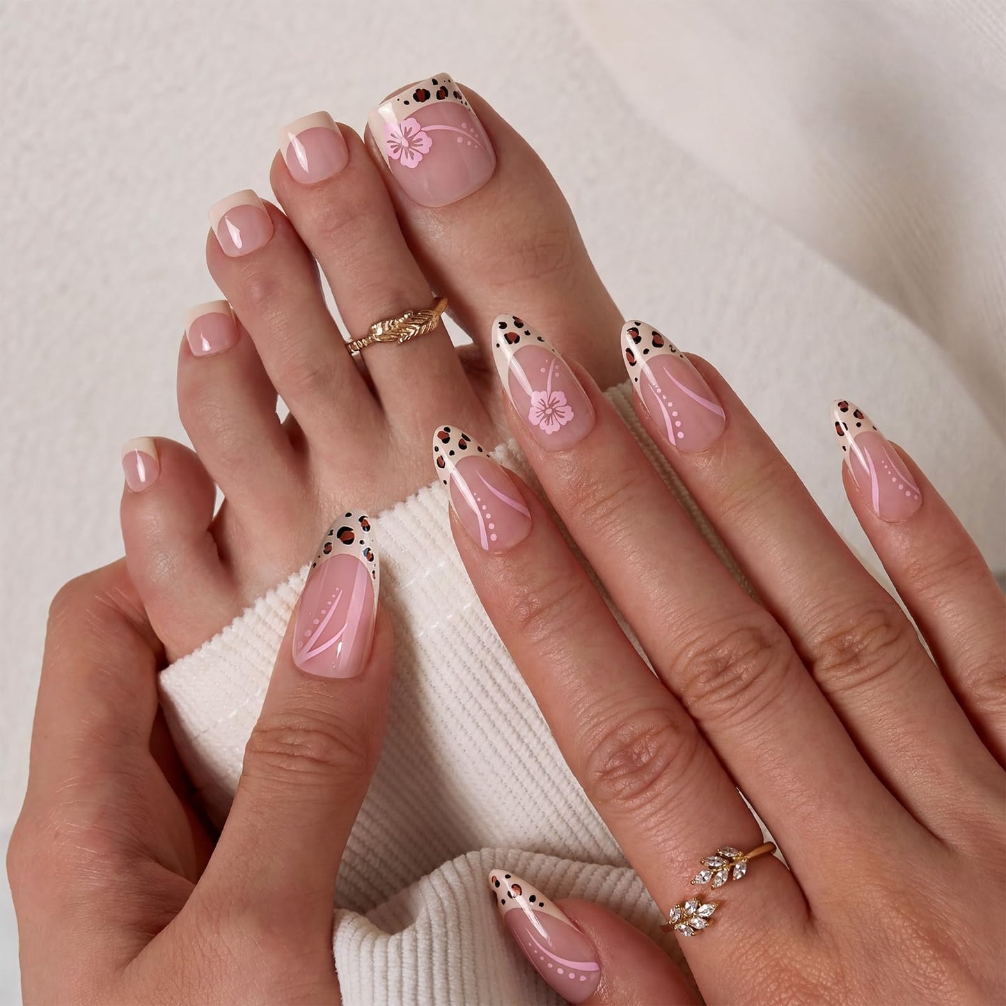 BTArtbox Press On Nails Almond- Wild Bloomery, Lamp-Curable 4-Week Wear Pink Leopard French Tip Press On Nails with Glue and Adhesive Tabs, Easy-to-Apply in 15 Sizes - 30 Nails All-in-One Kit
